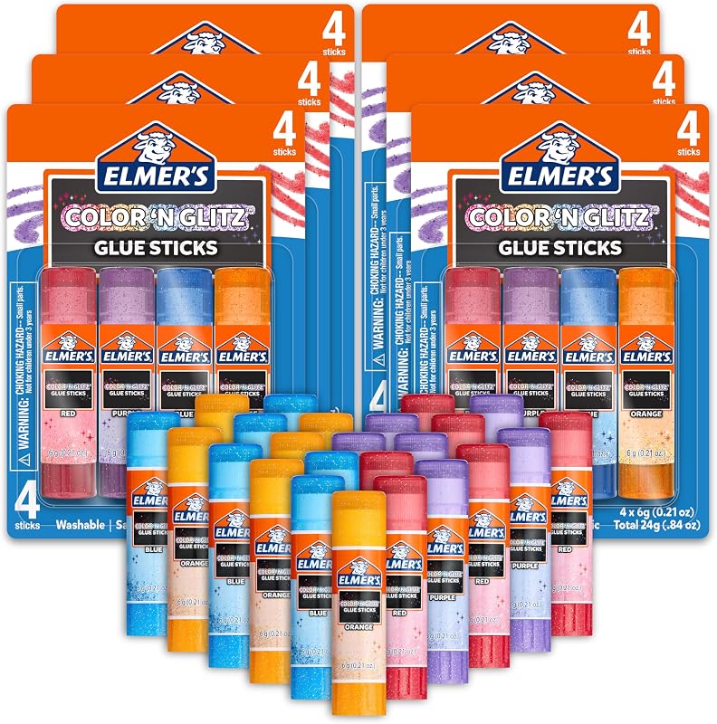 Barras de pegamento Elmer's Color 'n Glitz, lavables, colores variados, 24 unidades (6 paquetes de 4) - Diversión creativa, manualidades y manualidades, marca #1 para maestros