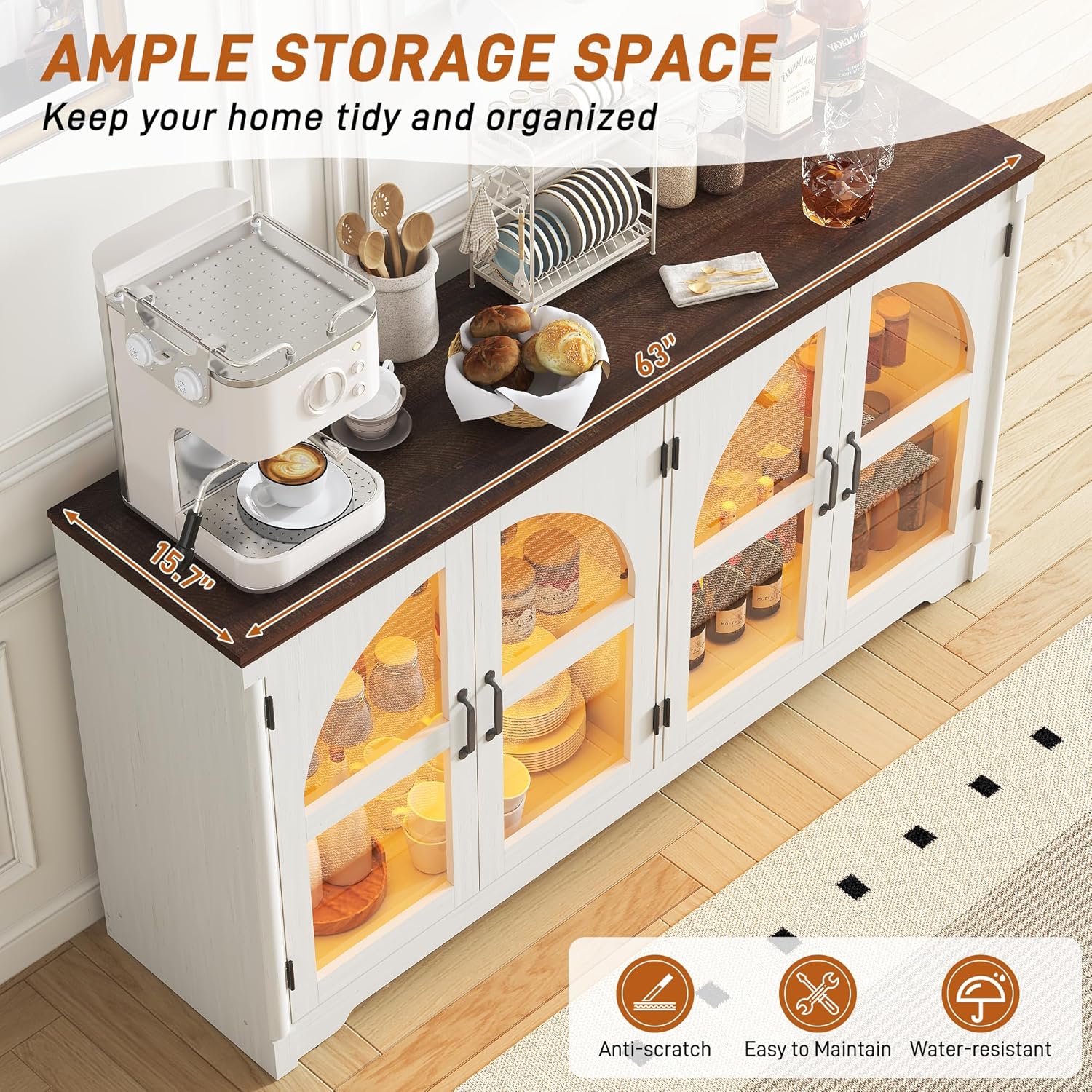 63 Inch Sideboard Buffet Cabinet,Modern Arched Buffet with Led Lights and Glass Doors,Kitchen Buffet Cabinet with Storage Large Curved Cabinets w/Adjustable Shelves for Living Room,Kitchen,White