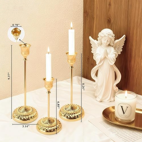 Miniatura 4 de BEAHOT Juego de 6 portavelas cónicos de metal dorado, elegantes portavelas antideslizantes decorativos con apagador de velas a juego, para centro de