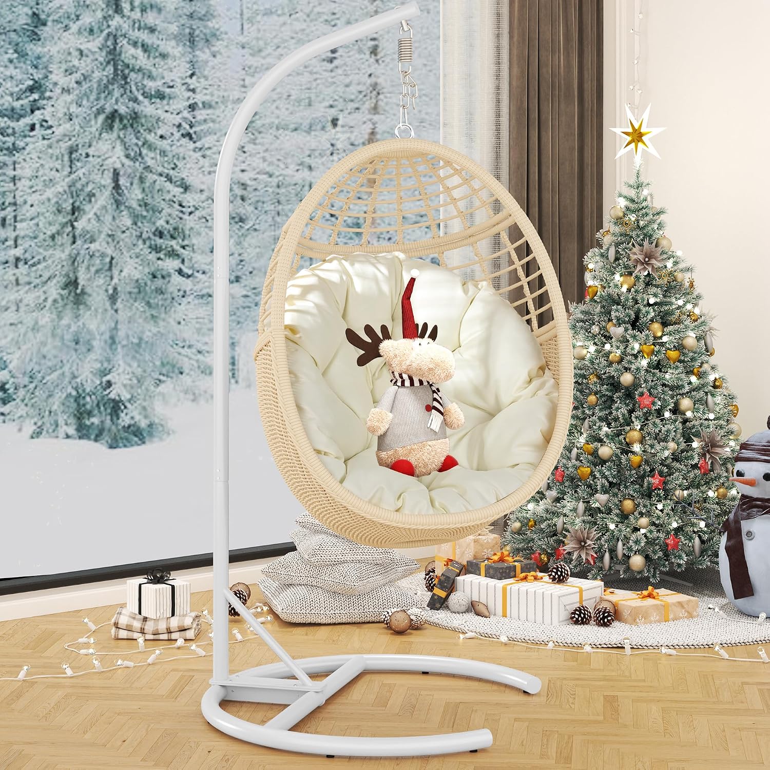 TWT Hanging Egg Chair, Indoor Outdoor Thickened Alloy Steel Frame & UV Resistant Cushion, 330lbs Capacity, Perfect for Patio Bedroom Balcony, Light Beige