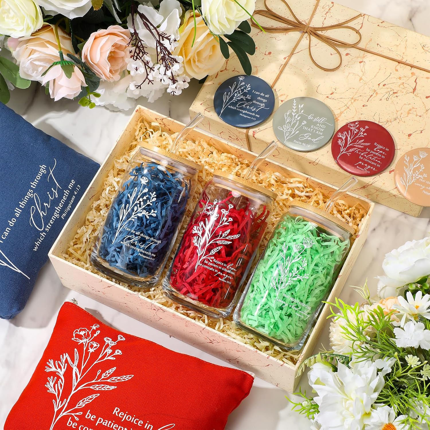 Fumete 4 Set Christian Gifts for Women Bulk Religious Makeup Bag Bible Verse Glass Cup Mini Christian Compact Mirror Regalos Cristianos Mothers Day Birthday Graduation Church Gifts (Bright Colors) - Image 5