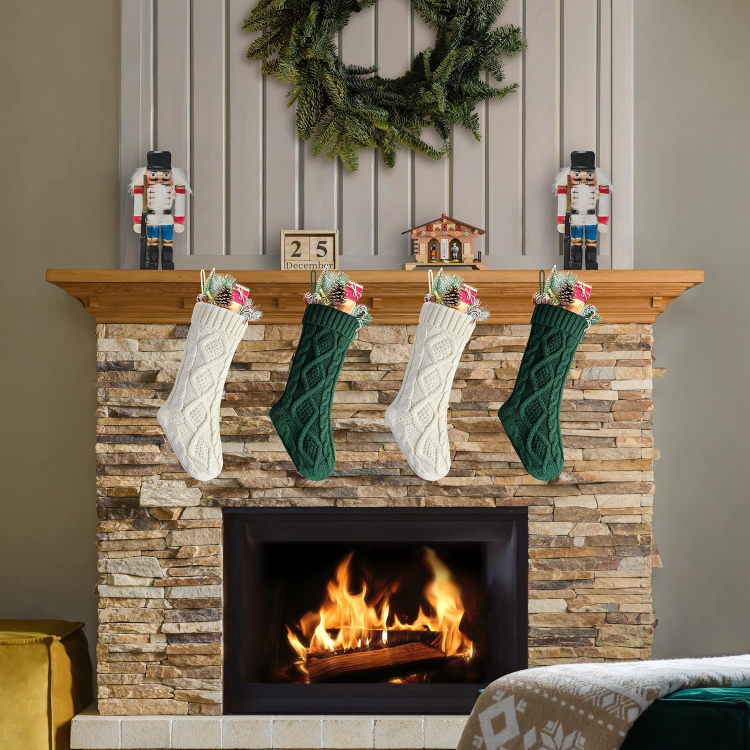 18" Green and Ivory Knit Christmas Stockings for Fireplace Holiday Decor,4 Pack image 2