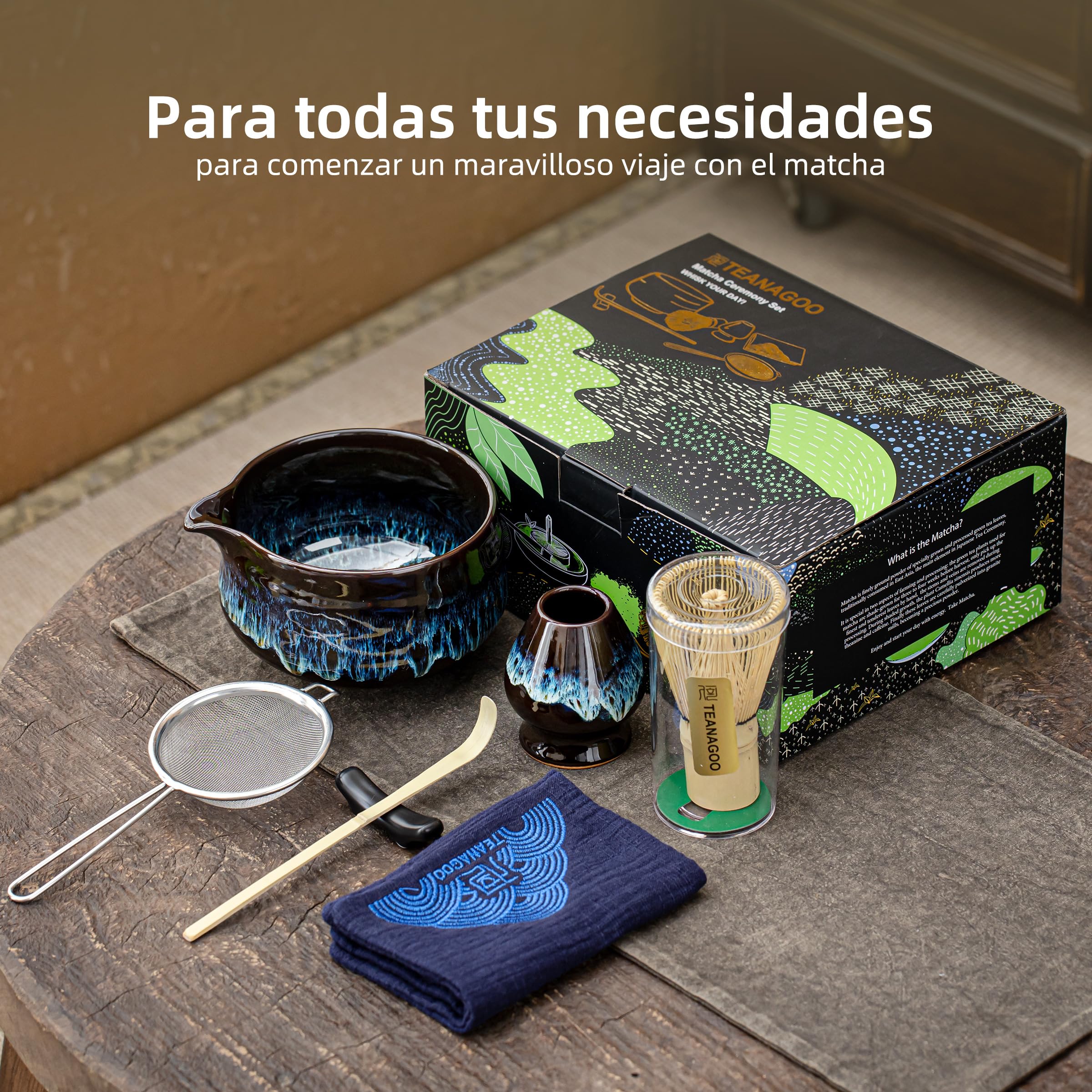 TEANAGOO Te Matcha Kit, Matcha Set 7 piezas, kit de para ceremonia, juego de té para hacer desayuno/matcha latte, cuenco de cerámica con boquilla y batidor, regalo para los