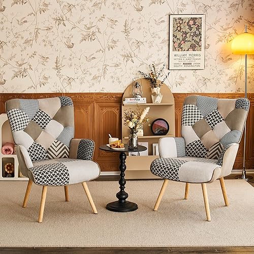 Miniatura 4 de Accent Chair, Living Room Chair, Modern High Back Armchair, Colorful Patchwork Reading Chairs for Bedroom, Lounge Chair with Linen Fabric Shell and