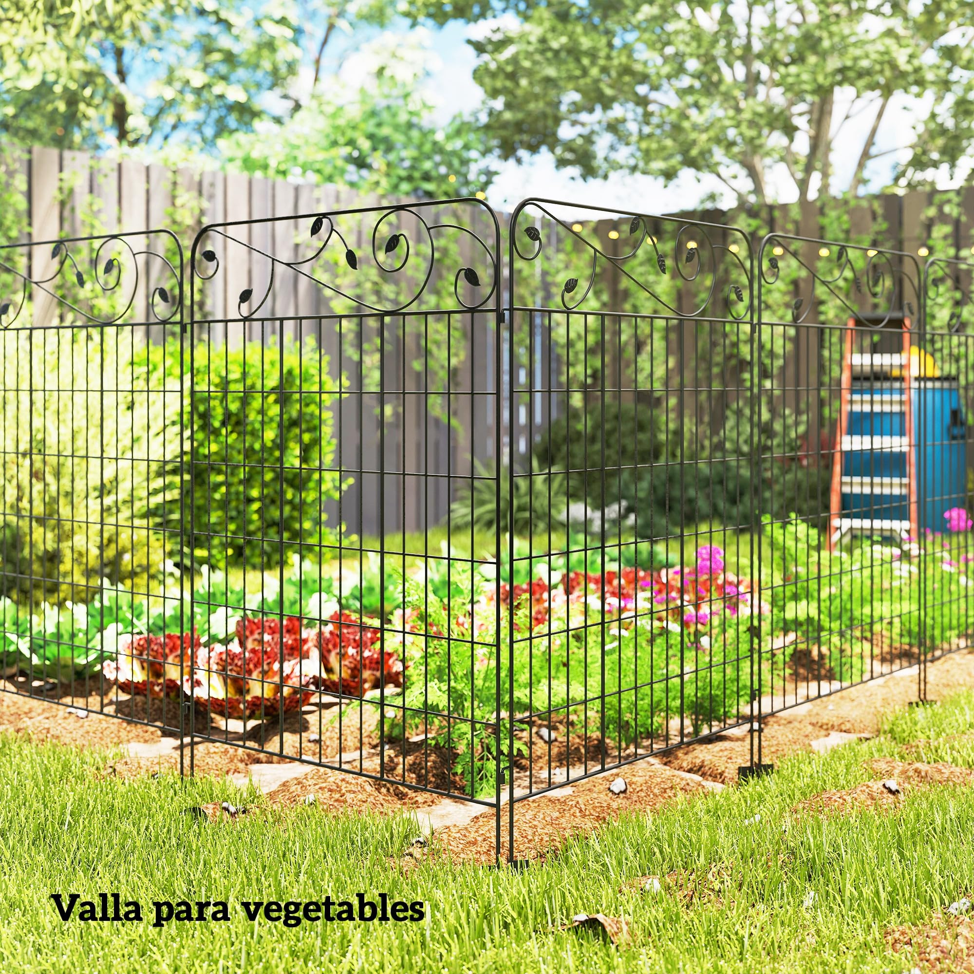 Outsunny Vallas de Jardín Exterior de 4 Paneles 88x110 cm Vallas de Jardín Metálicas Vallas Decorativas con Ángulo Ajustable para Patio Terraza Negro