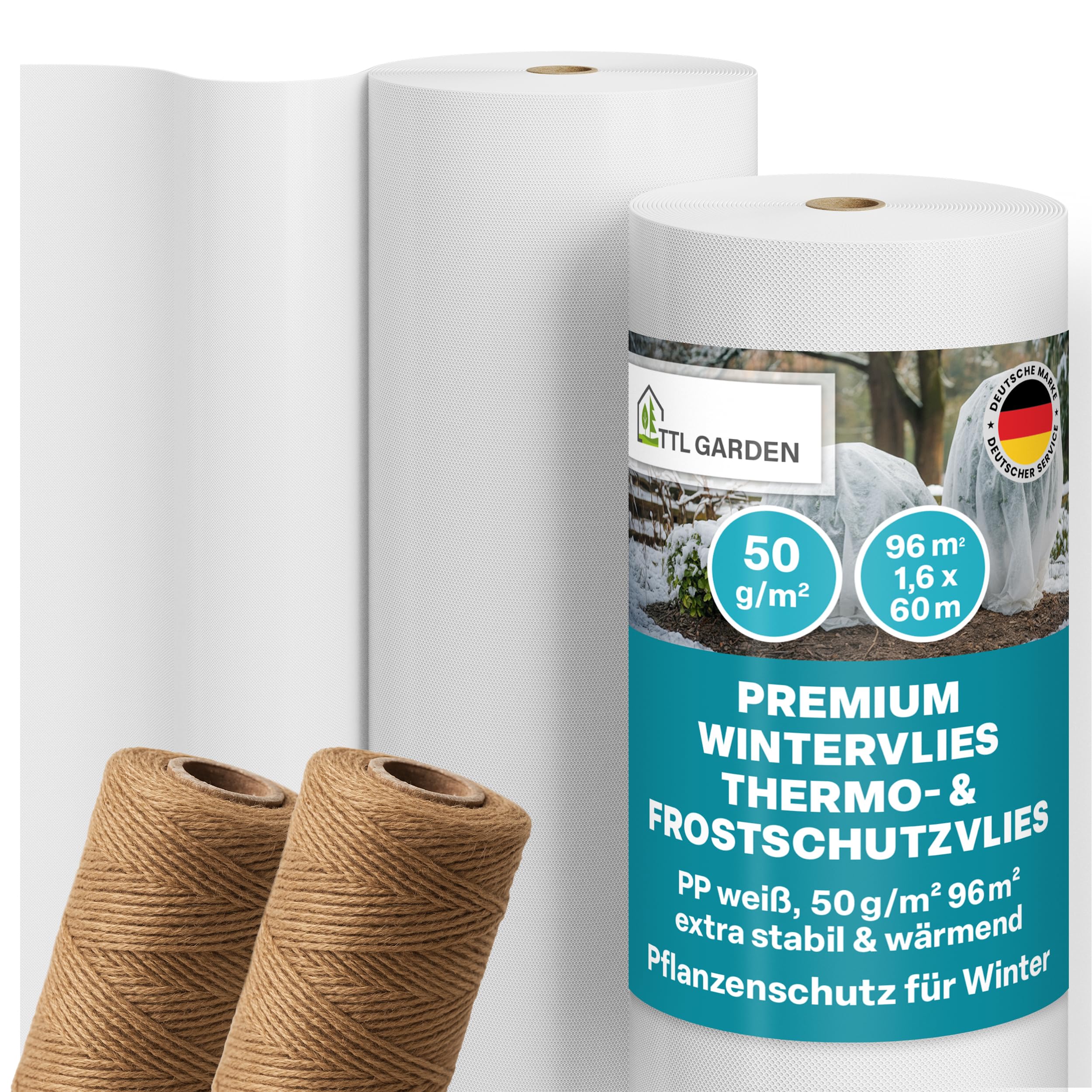 TTL GARDEN 50g/m² Wintervlies 96m² 1,6m x 60m weiß auf Rolle + 100m Schnur | - Frostschutz Thermovlies Gartenvlies Winterschutz für Pflanzen außen – Pflanzenvlies Pflanzenschutz Winter Kübel & Hochbeet