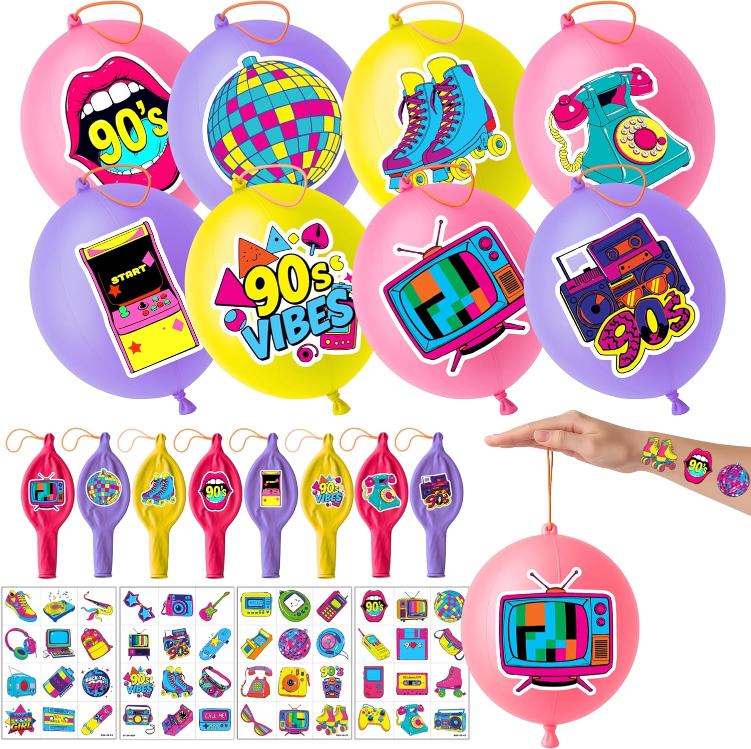 72 PCS 90s Party Favors – 48 Pre-Cut Temporary Tattoos & 24 90s Punch Balloons Themed Birthday Party Decorations Supplies Favors Gifts Goodie Bag Fillers Classroom Rewards for Boys Girls
