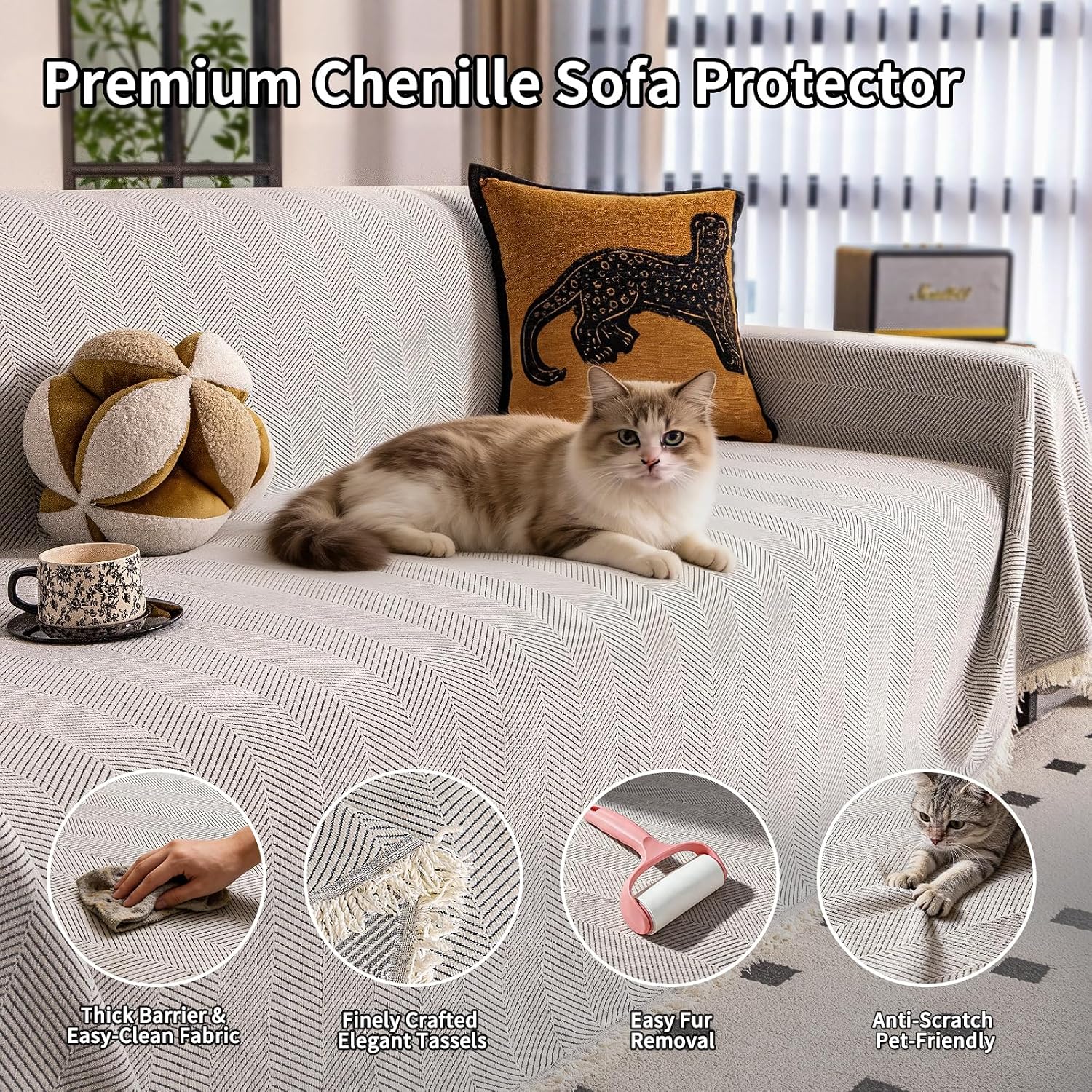 Chenille Couch Cover for 2/3/4 Cushion Sofa - Thickened Non-Slip Sofa Cover for Dogs & Pets - Soft Boho Furniture Protector with Tassels, Washable for Sectional, L-Shape, Loveseat