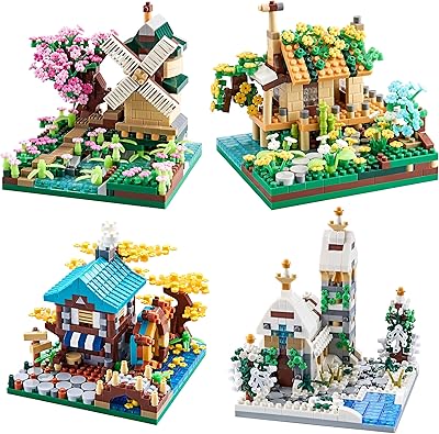 DOLBLOCK Four Seasons Architecture and Collection Micro Blocks Modle Building Sets for Adults and Kids, Sakura Tree House Flowers and Plants (Includes 4 Small Sets)