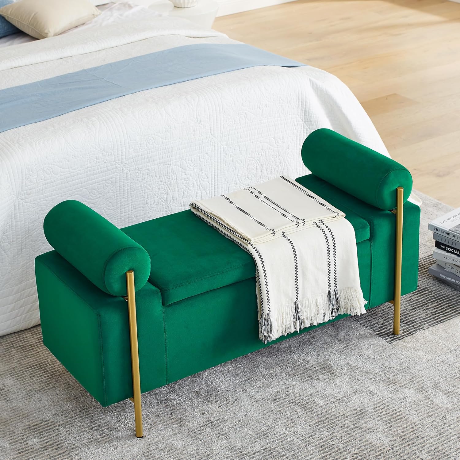 Storage Bench for Bedroom, 44" Green Storage Ottoman Bench with Armrest, Elegant Velvet Upholstered Seating Foot Rest Stool for Living Room, Entryway, Gold Metal Legs, Safety Hinge, Green