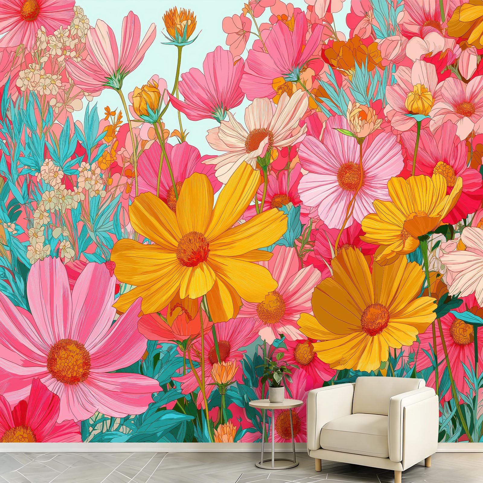 Papier peint jardin marguerite pour relooker un mur de salle de bain sombre