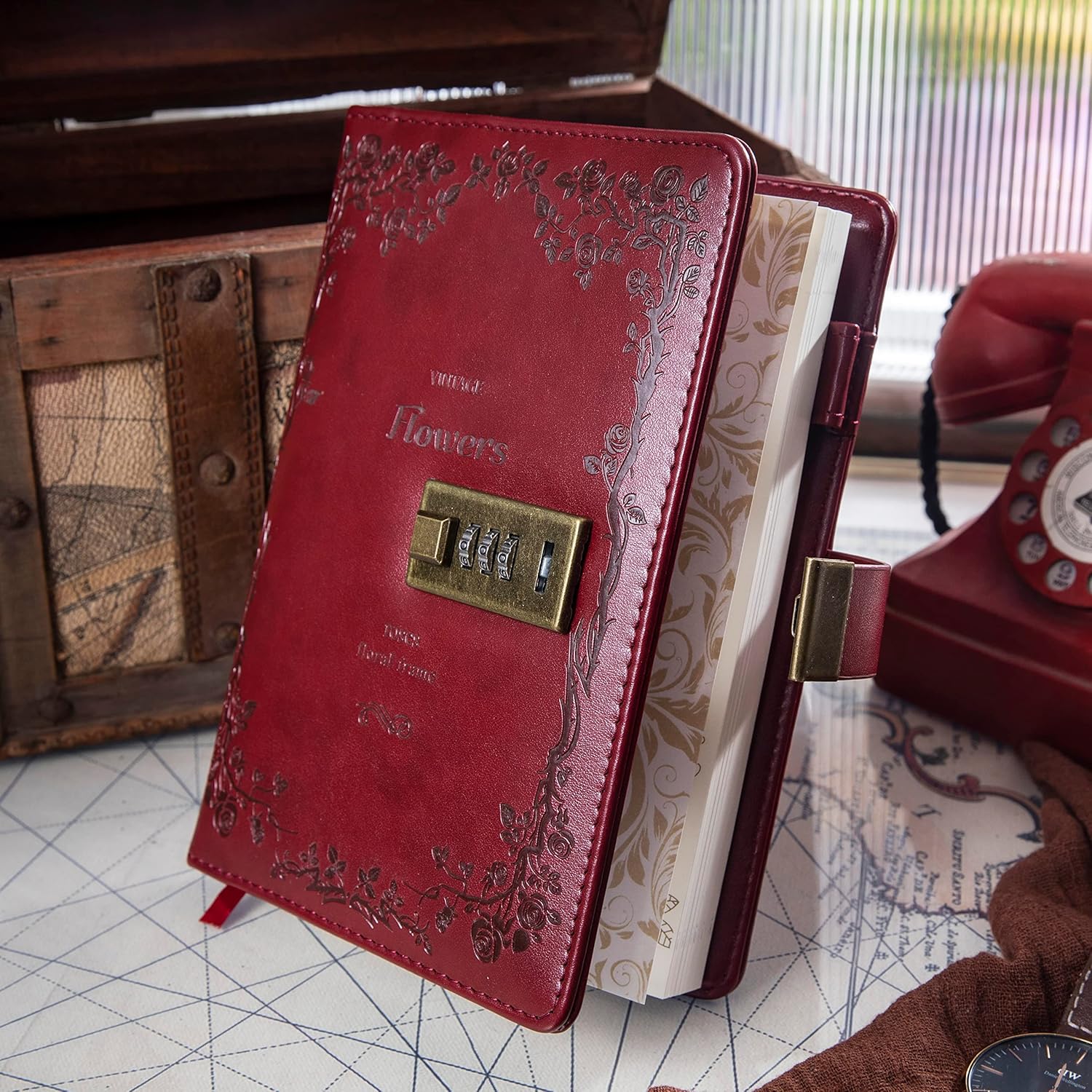 Personalized Lockable Diary for Women – Vintage Refillable Journal with Lock, Embossed Cover, 240 Pages, 5.5 x 7.9 Inch (Wine Red with Name)