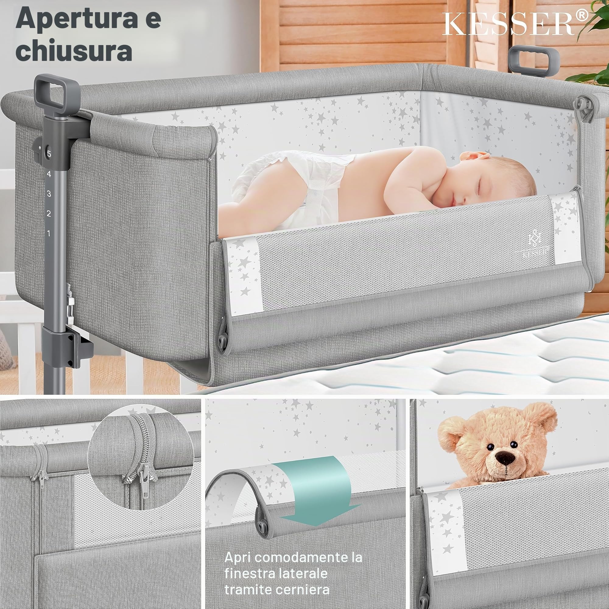 KESSER® Hubi 3in1 Culla da viaggio Culla per bambini con materasso morbido, con rotelle, 5 regolazioni in altezza, pannello laterale pieghevole per la casa e in viaggio, grigio chiaro