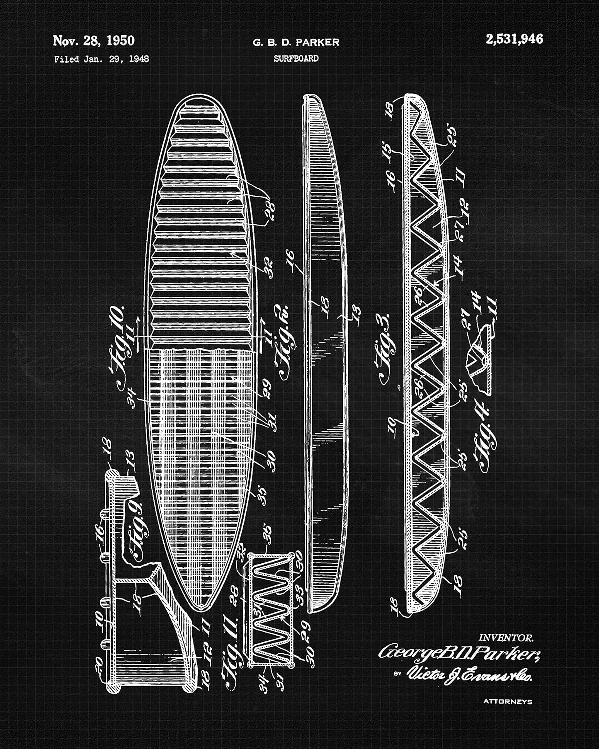 Classic Surfboard Patent Prints, 6 (8x10) Unframed Photos, Wall Art Decor for Home Work Office Surfing Hawaii Ocean Surf Waves Garage Shop Beach Cabin Lodge School Student Teacher Coach