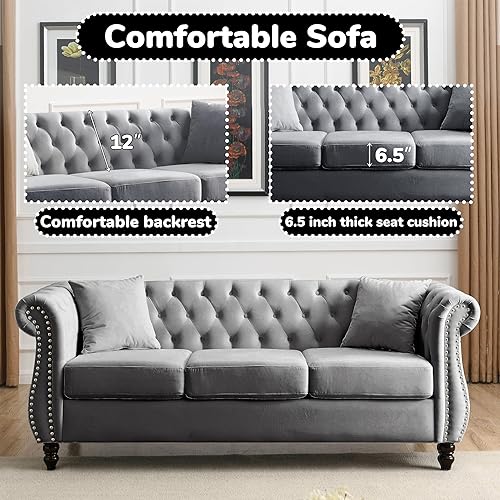 Miniatura 4 de Juego de 2 sofás de terciopelo gris moderno de 80 pulgadas, 3 plazas y 59 pulgadas, Chesterfield combinado copetudo con 4 almohadas, brazos