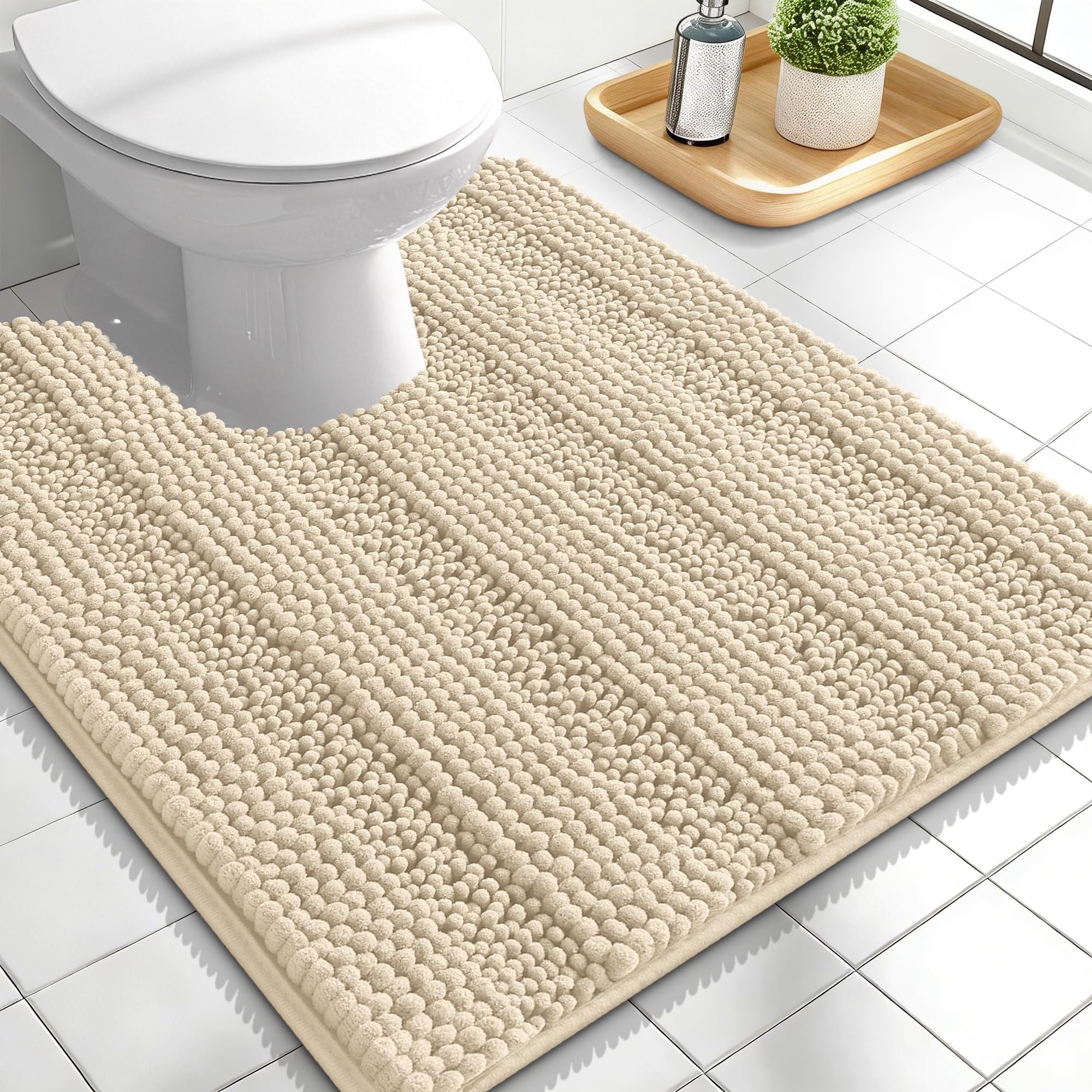 OLANLY Thick Toilet Rugs U-Shaped 24x20, Soft Chenille Bath Mat, Sand