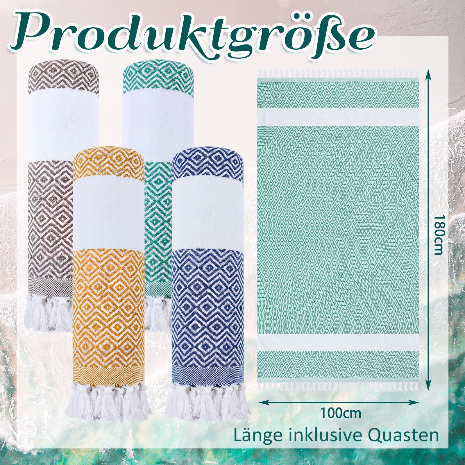 Nuenen 4er Set Hamamtuch Saunahandtuch 100 x 180 cm Leichtes Schnell Trocknendes Strandtuch aus Baumwolle Platzsparend für Reise Sauna Yoga Urlaub Weich Stilvoll (Blau, Grün, Braun, Gelb)