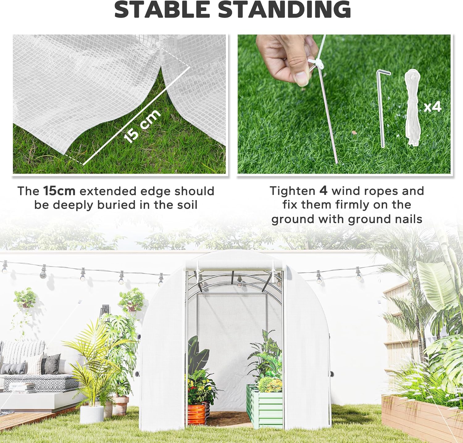 Illustration of greenhouse anchoring methods, showing how to bury the extended cover edge and secure with wind ropes and ground stakes.