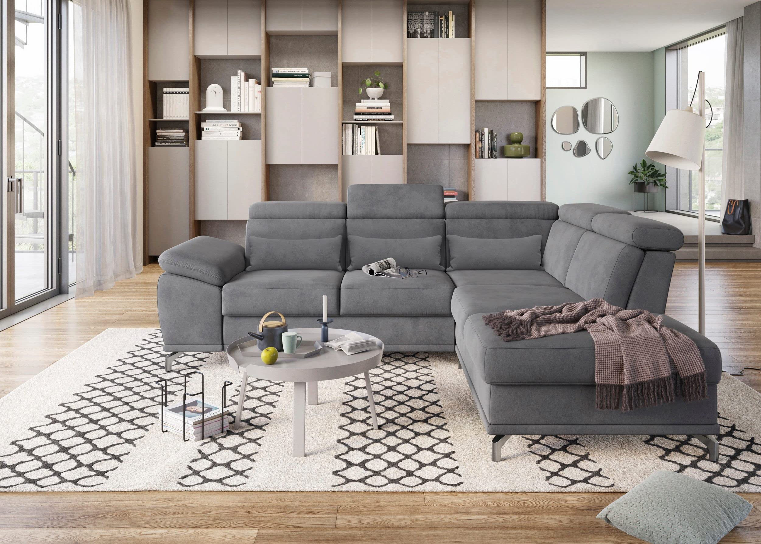 Fabrique Imperial L-Shape Corner 5-Seater Fabric Sofa Set with Adjustable Headrest - Stylish, Luxurious, Furniture for Home, Office, & Living Room | Stainless Steel Legs for Easy Moving - Grey (LHS)