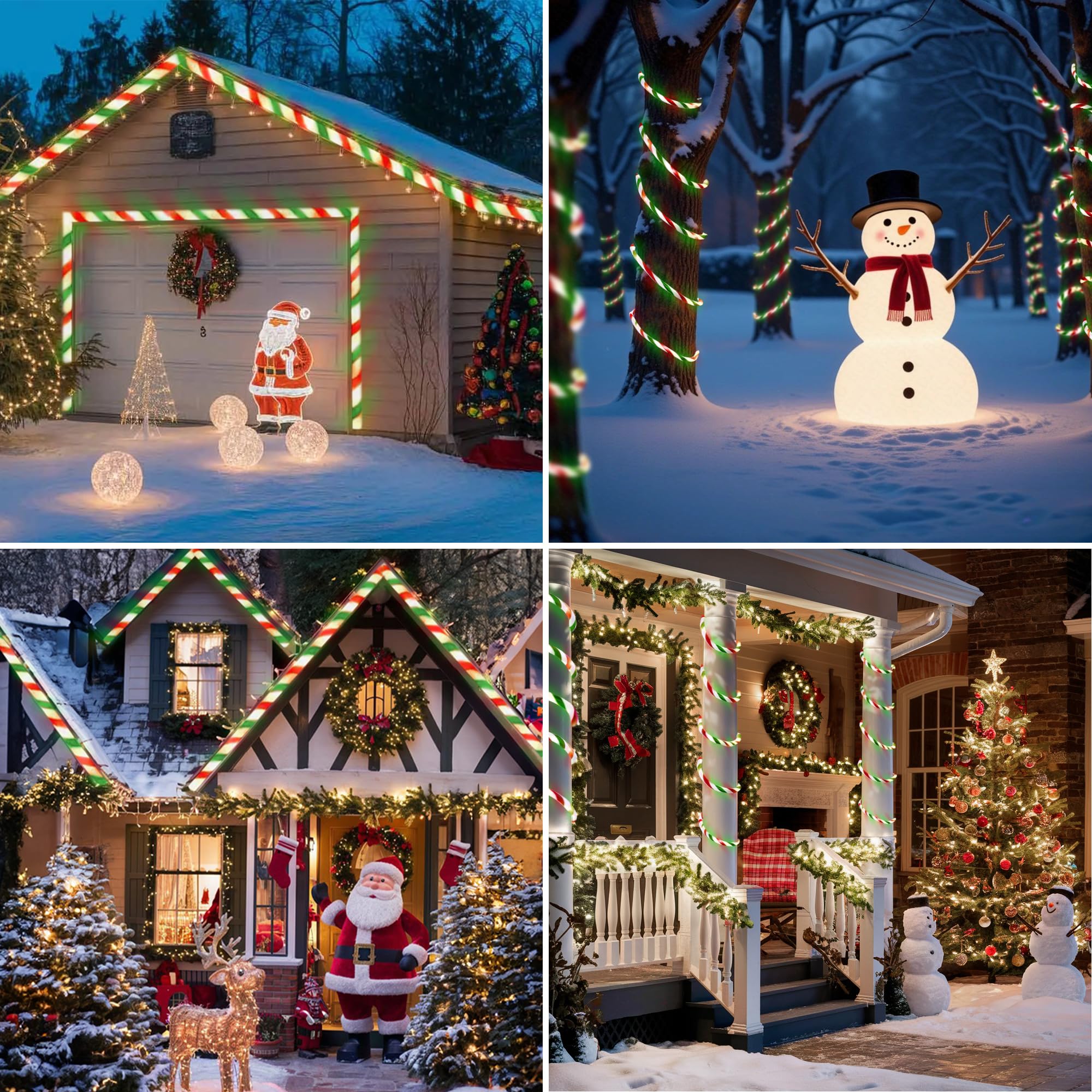 Jnaurb Luces de bastón de caramelo de Navidad, 66 pies, 480 luces LED conectables, color blanco, rojo y verde, cuerda de luces para exteriores, 8 modos, luz LED impermeable de Navidad para jardín