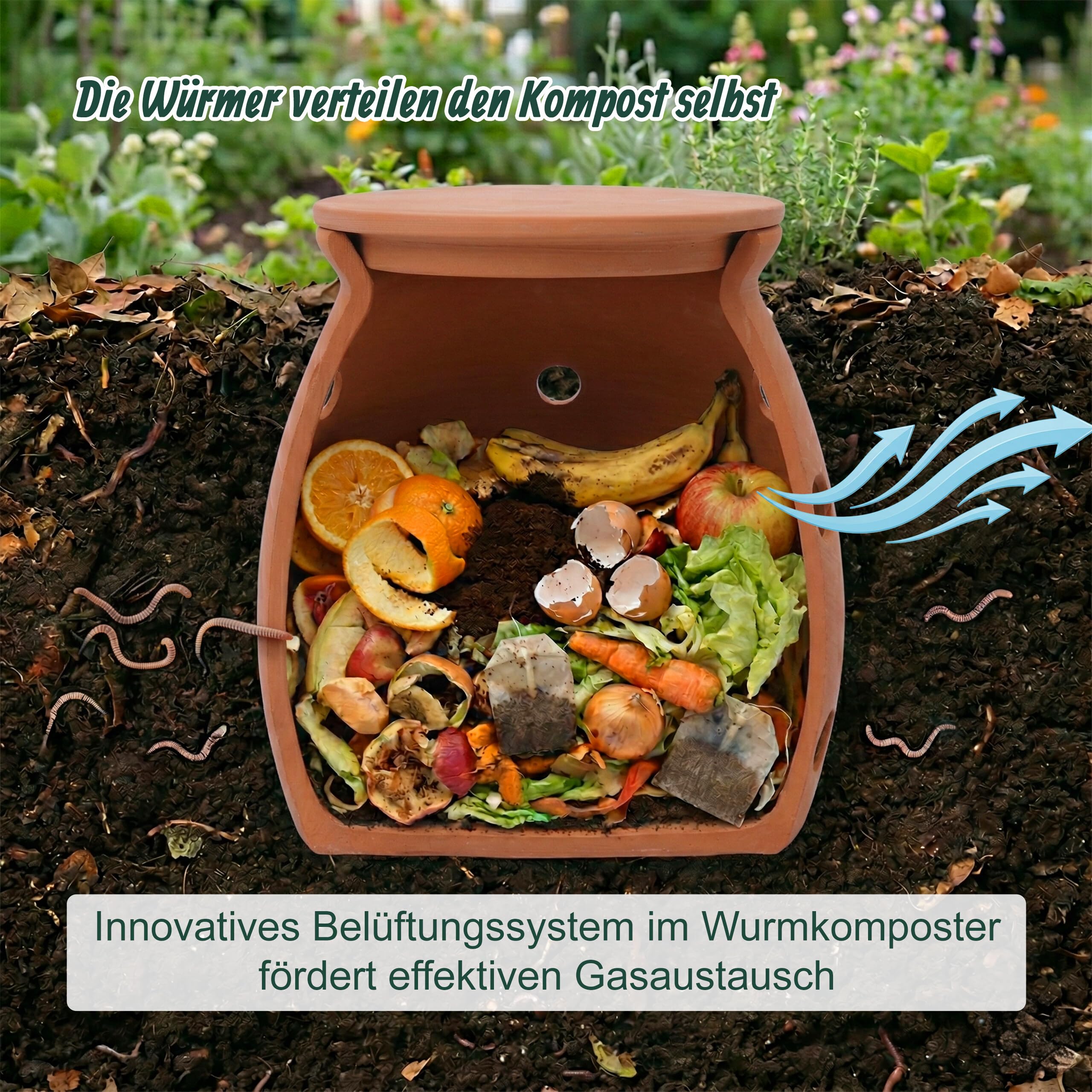 Relaxdays Wurmkomposter zum Eingraben, 5 L, Wurmturm für Küchenabfälle, Deckel, Komposter Garten & Beet, Ton, terrakotta