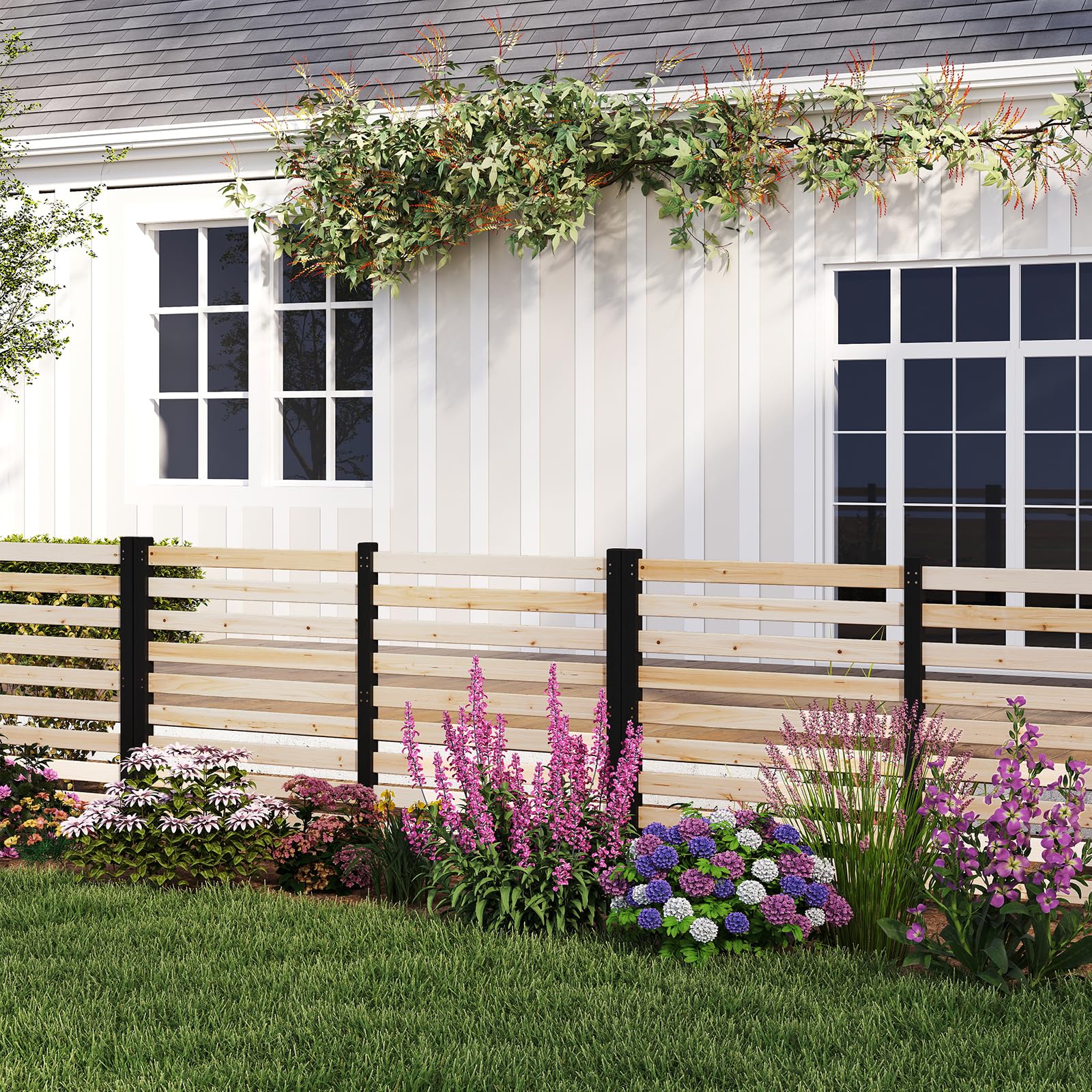 COSTWAY Gartenzaun 3-teilig, Zaun mit 4 Pfählen, 98 x 107 cm, Sichtschutzzaun aus Holz, Steckzaun Lamellenzaun, Tannenholz, freistehender Sichtschutz für Garten Terrasse, Natur