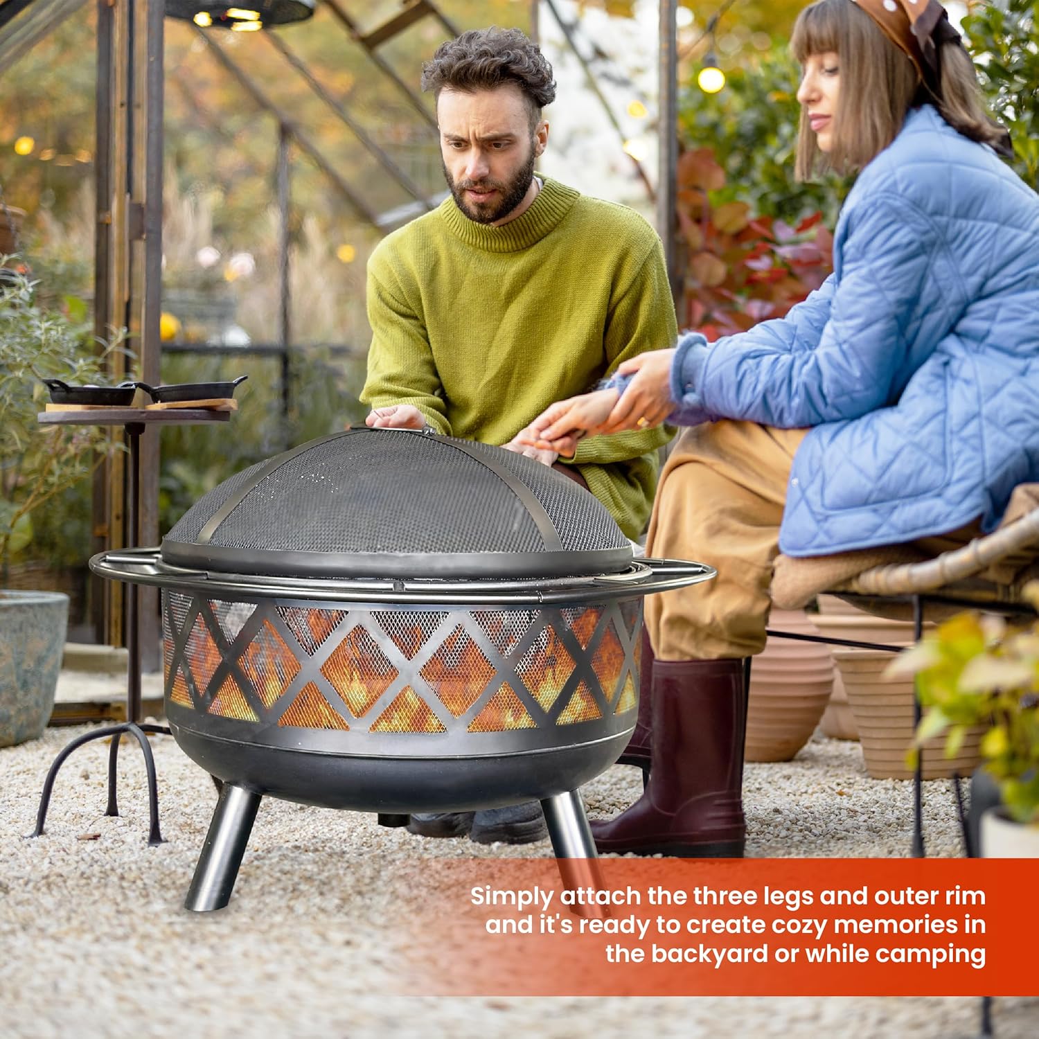 AK TRADING CO. Crossweave 30" Wood Burning Fire Pit with Spark Screen, Poker, Mesh Cover, Stainless Steel Grate - Black