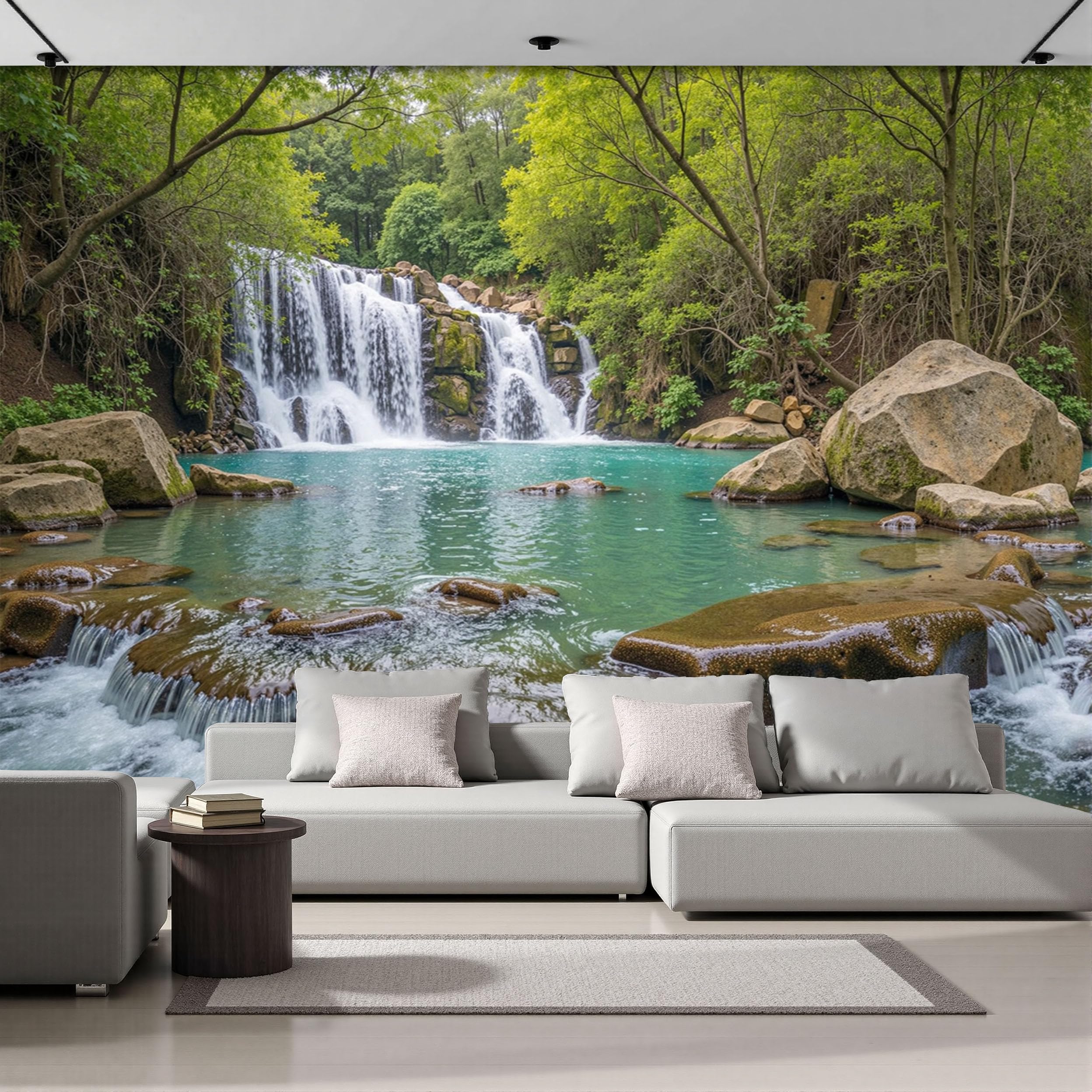 Papier peint panoramique cascade et forêt pour chambre d'enfant et bureau