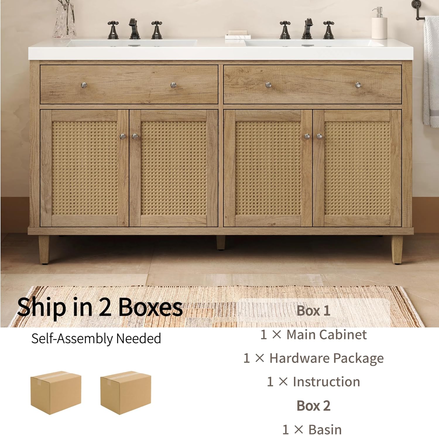 Merax 60 Inch Bathroom Vanity with Double Sink (SMC Sink), Large Storage Space with 2 Tip-Out Trays/Flip-Out Drawers and 4 Soft Closing Doors, Solid Wood Legs and Silver Metal Knobs, Wood Color