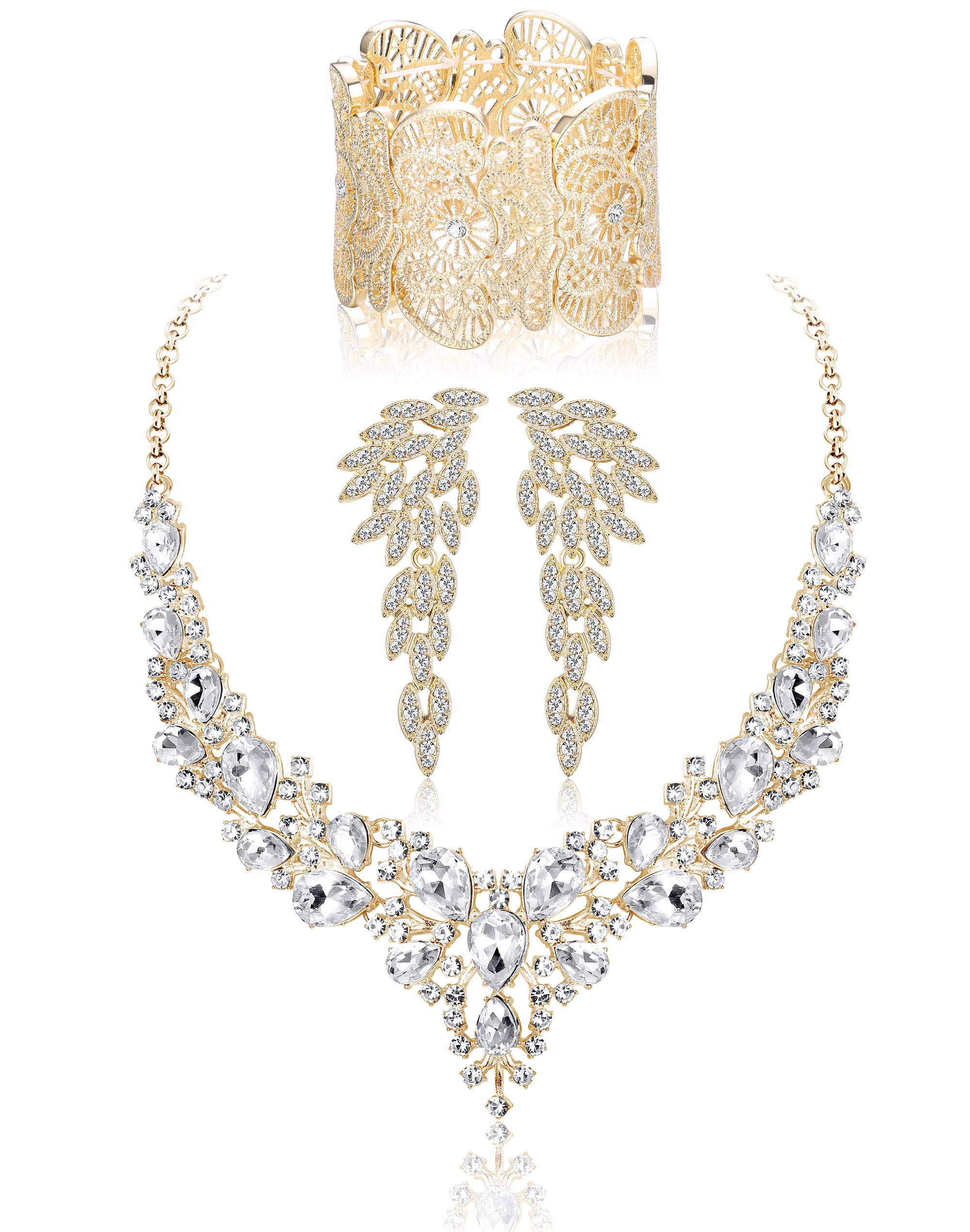 Kakonia Conjunto de joyería nupcial de cristal para boda para mujer, collar de diamantes de imitación, pendientes, pulsera, dama de honor, accesorios de novia, joyería