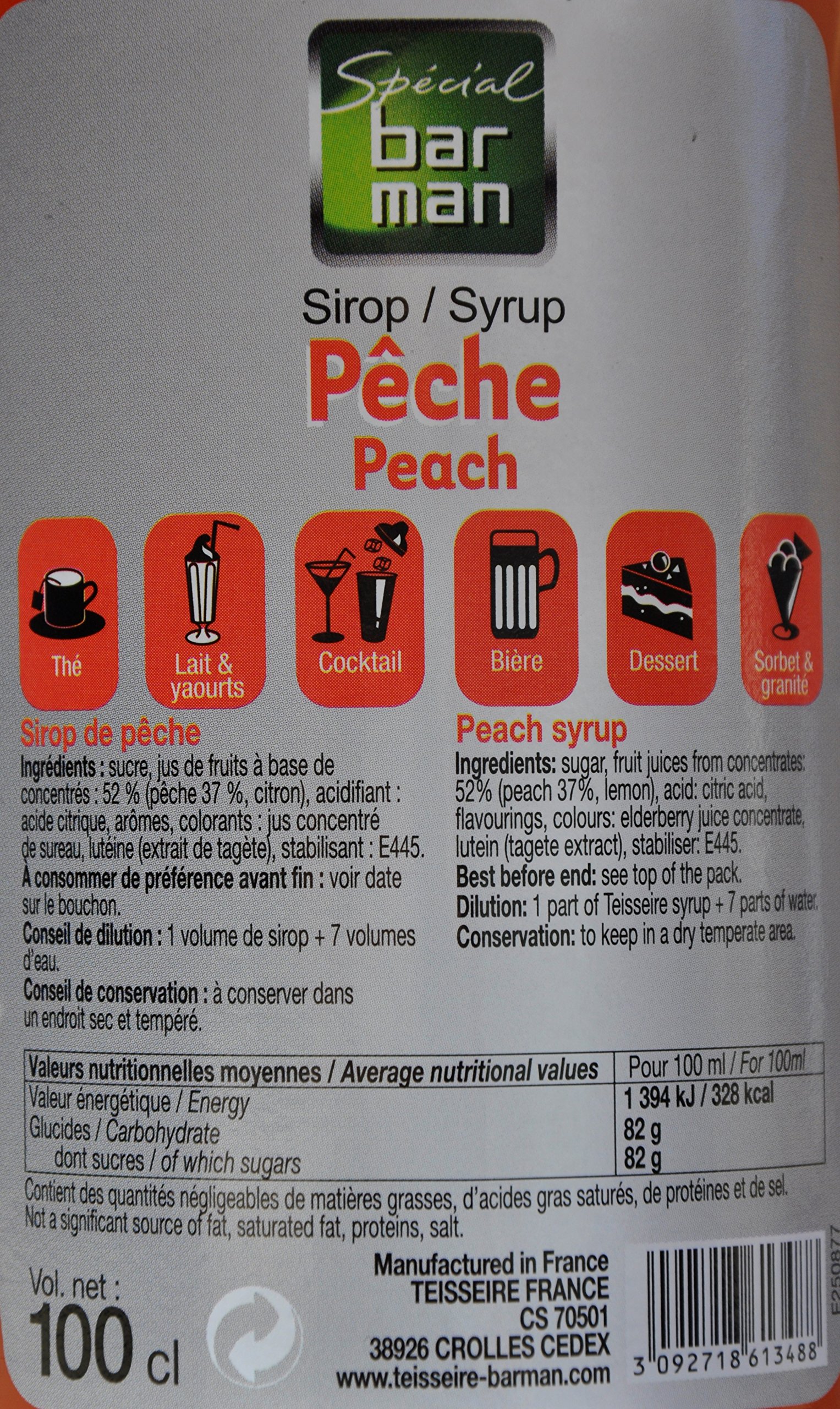 Lot de 3 sirops de Pêche Mathieu Teisseire, Pour Boissons, limonades, boissons gazeuses, thés, cocktails avec ou sans alcool, 3 bouteilles de 1L