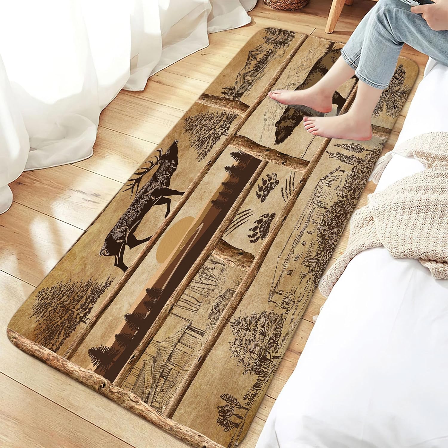 Rustic Cabin Bath Rugs for Bathroom, Country Bear Deer elk Moose Patchwork Green Forest Woodland Lodge Wooden Board Bathroom Rug Bath Mat Set Floor Mats, Wild Animas Vintage Brown Doormat, 17x48inch