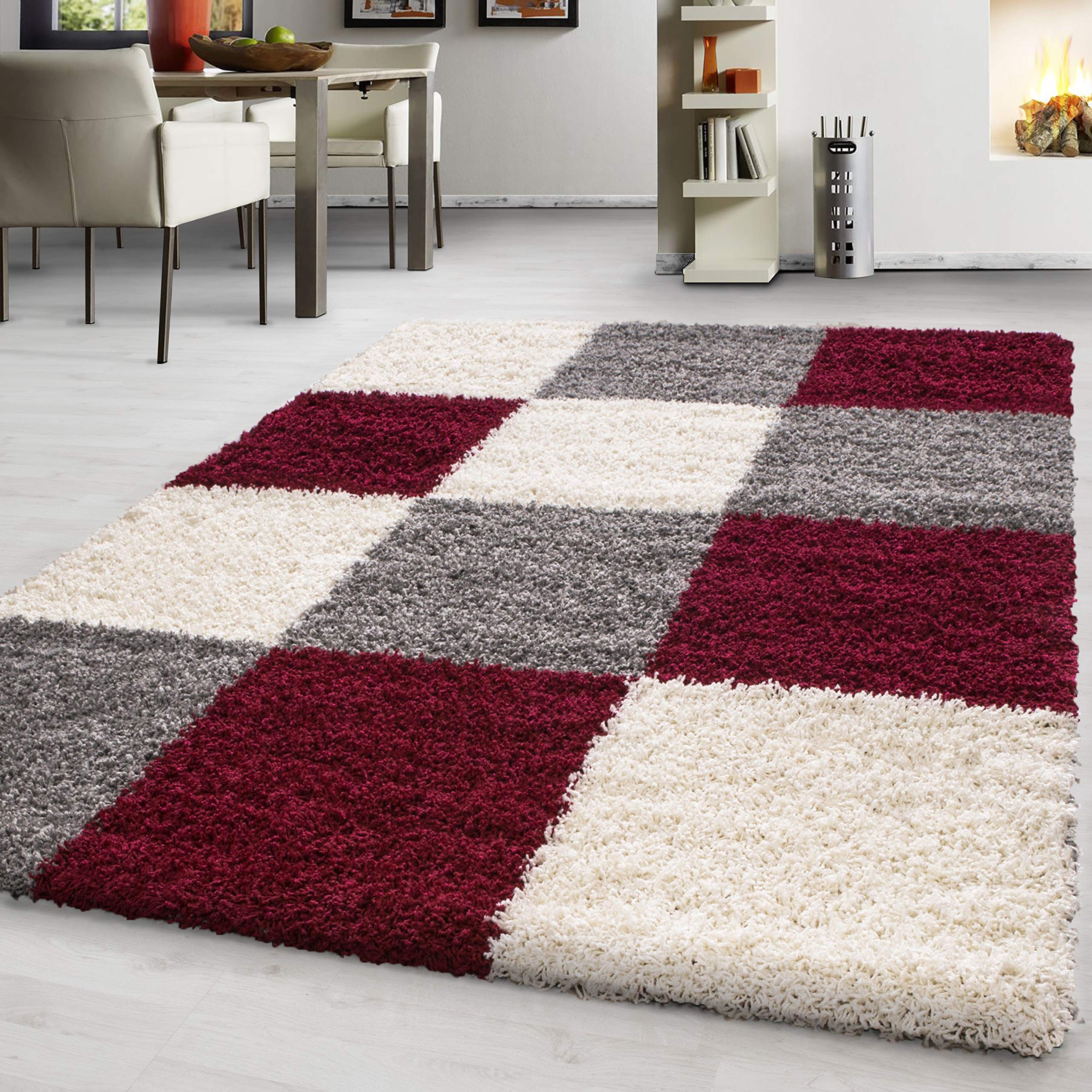 Teppium Tapis à Poils Longs pour Salon, Design à Carreaux, Chambre, Salle à Manger, Tapis de Cuisine Doux et Moelleux, Facile d'entretien Taille: 160 x 230 cm, Couleur: Rouge