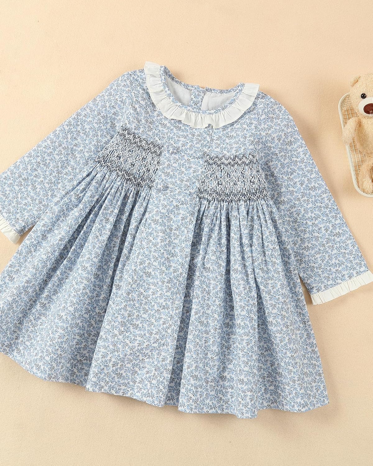 Twoflower Kids Baby Girls Casual Floral Print Dress | Toddler Smocking Long Sleeve Dresses with Ruffle Collar for Holiday - Image 2