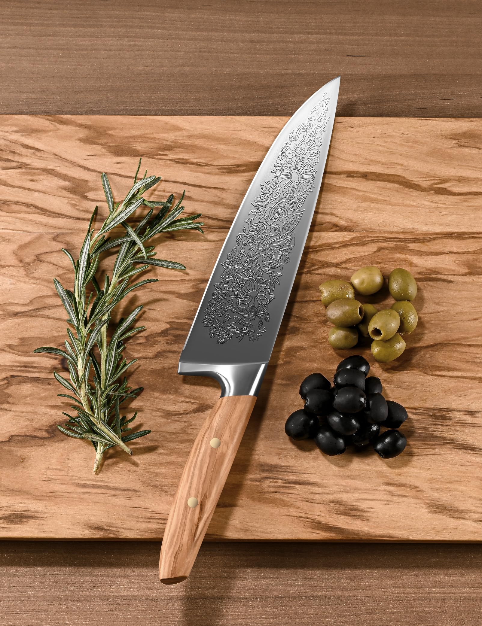 Chef Kitchen Knife 8", Embossed Botanical Blade, Olive Wood Handle — Amazon image 8