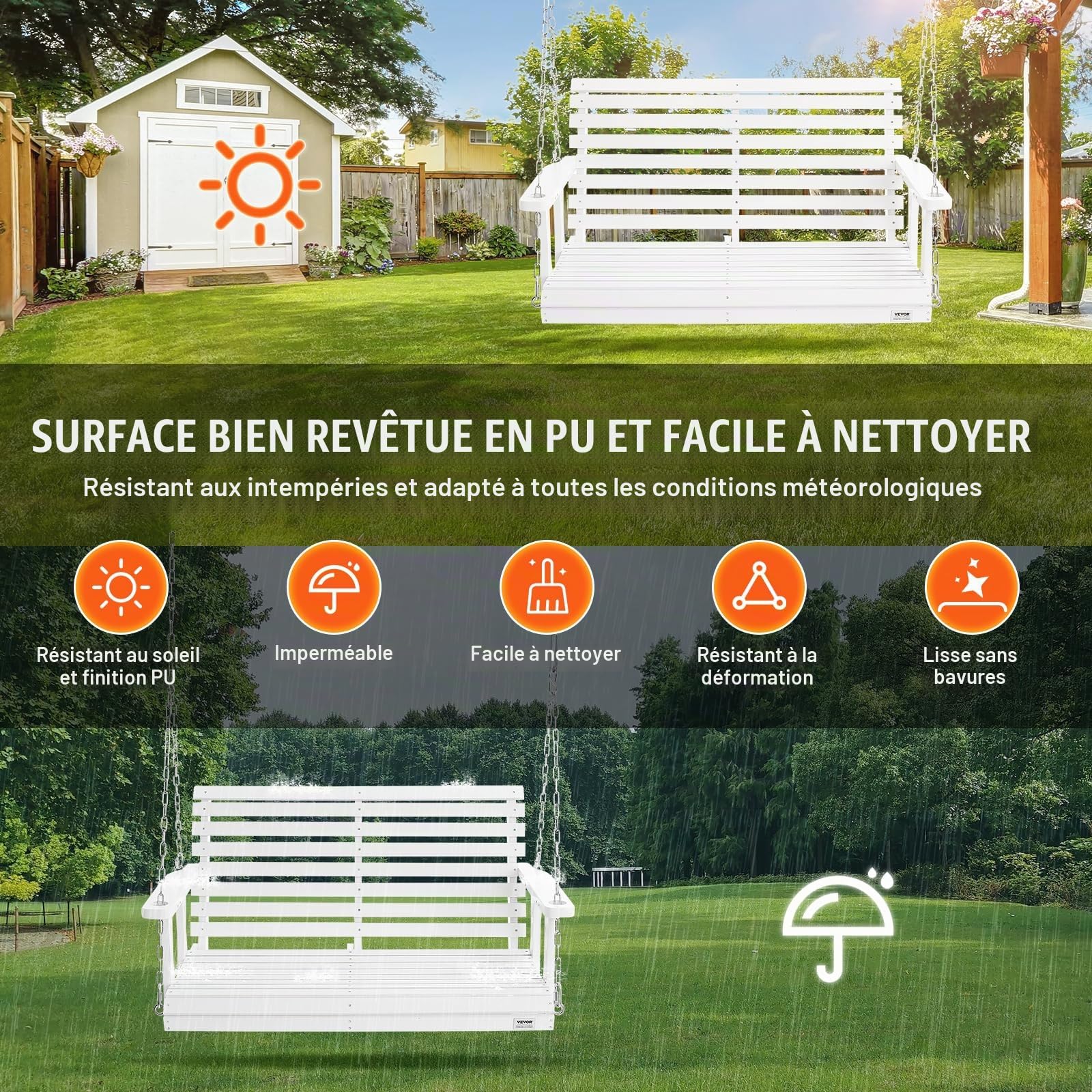 VEVOR Balançoire de Porche en Bois, 1240x710x600 mm, Banc de terrasse pour Cour et Jardin, Forte capacité de Charge 400 kg, Banc de balançoire Robuste avec chaîne de Suspension pour extérieur, Blanc