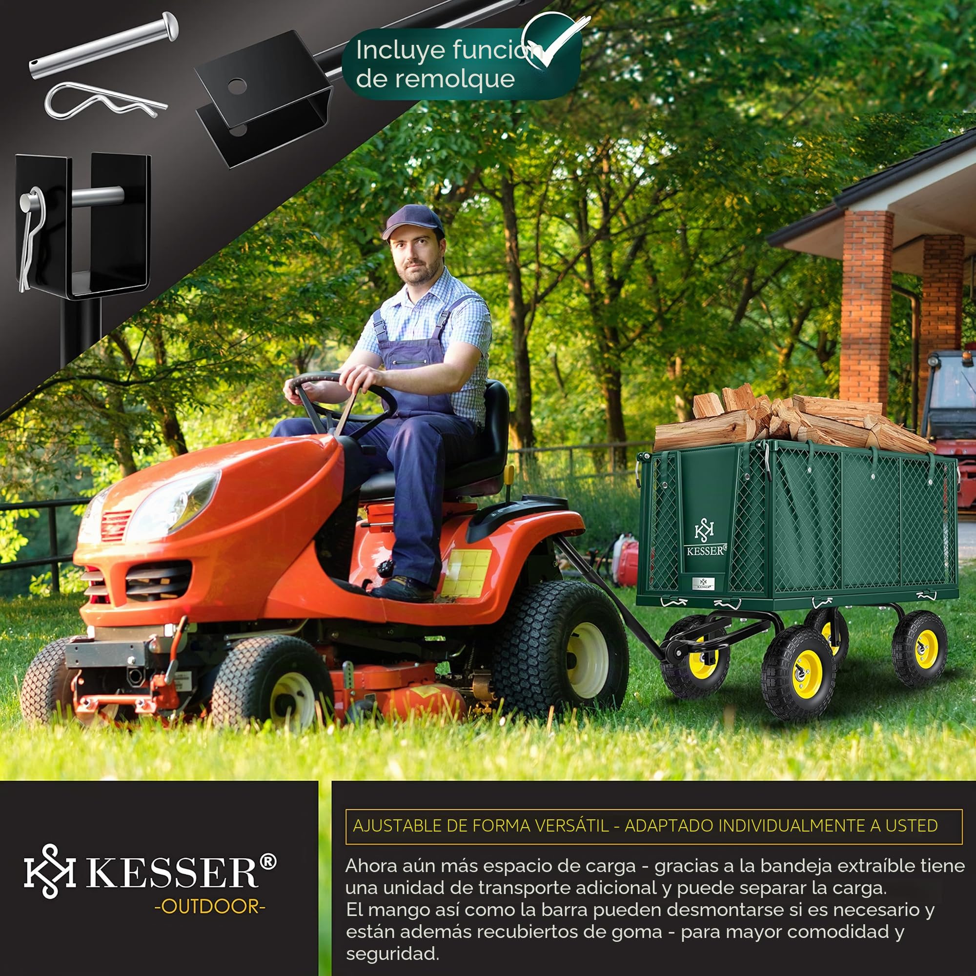 KESSER® 550 kg Carro de Mano, Carro de jardín, Carro de Transporte, Lona Desmontable, Carro de Equipamiento, Versátil, Incluye Guantes, Verde