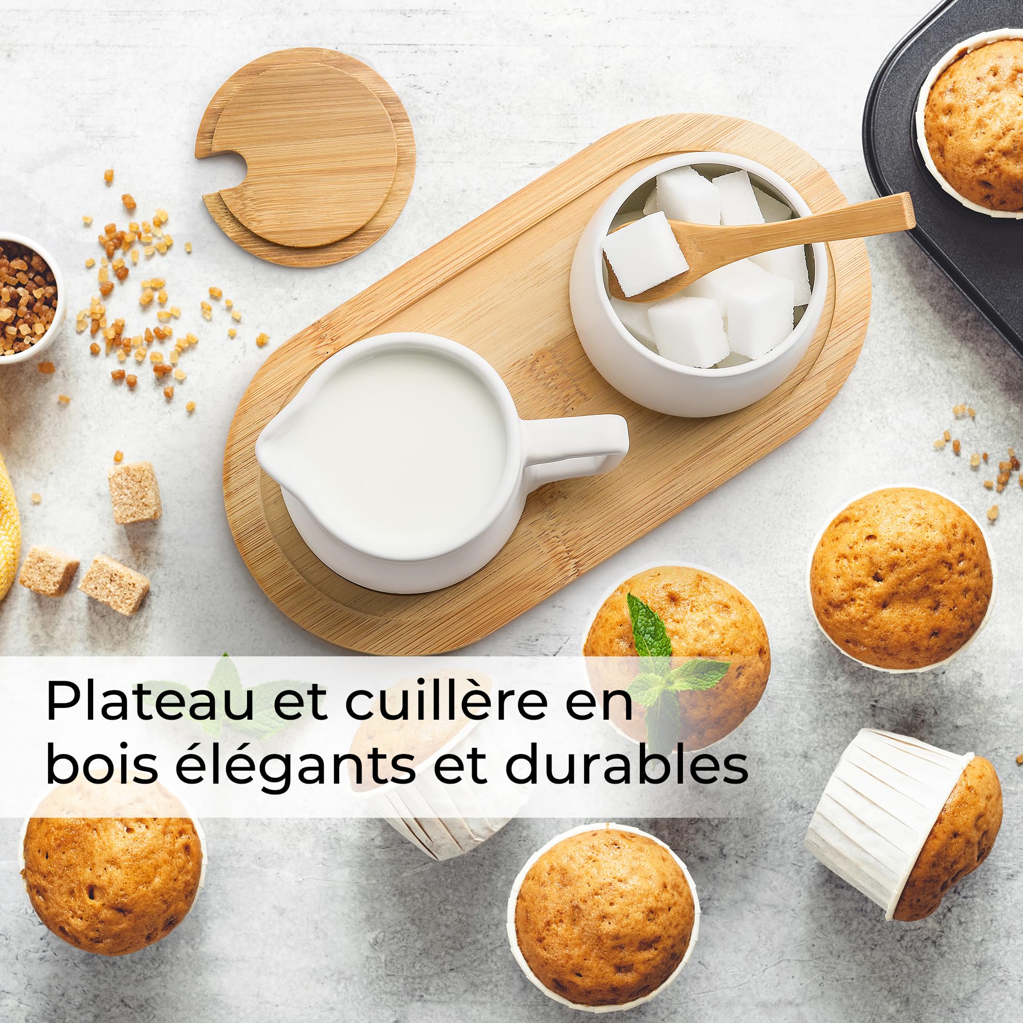 MIAMIO - Ensemble de service à sucre et crème avec couvercle et cuillère/Accessoires de bar à café en céramique - Compatible micro-ondes et lave-vaisselle (Blanc)