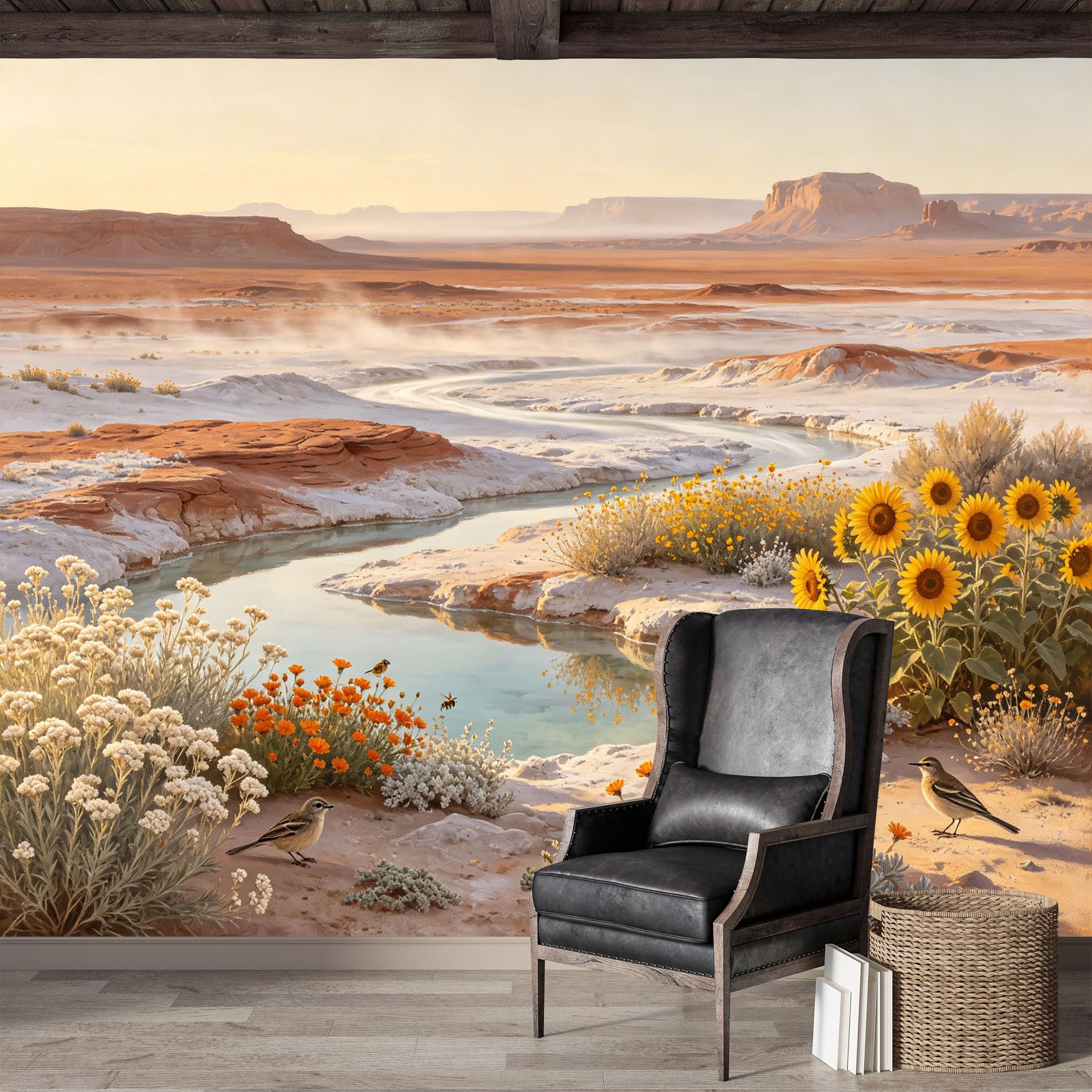Custom Size Wall Mural,Desert Oasis Sunflower Landscape Oil Painting Premium Water Activated SelfAdhesive Wallpaper,Removable Wall Covering,Easy DIY Install Wall Art for Indoor Home Decor