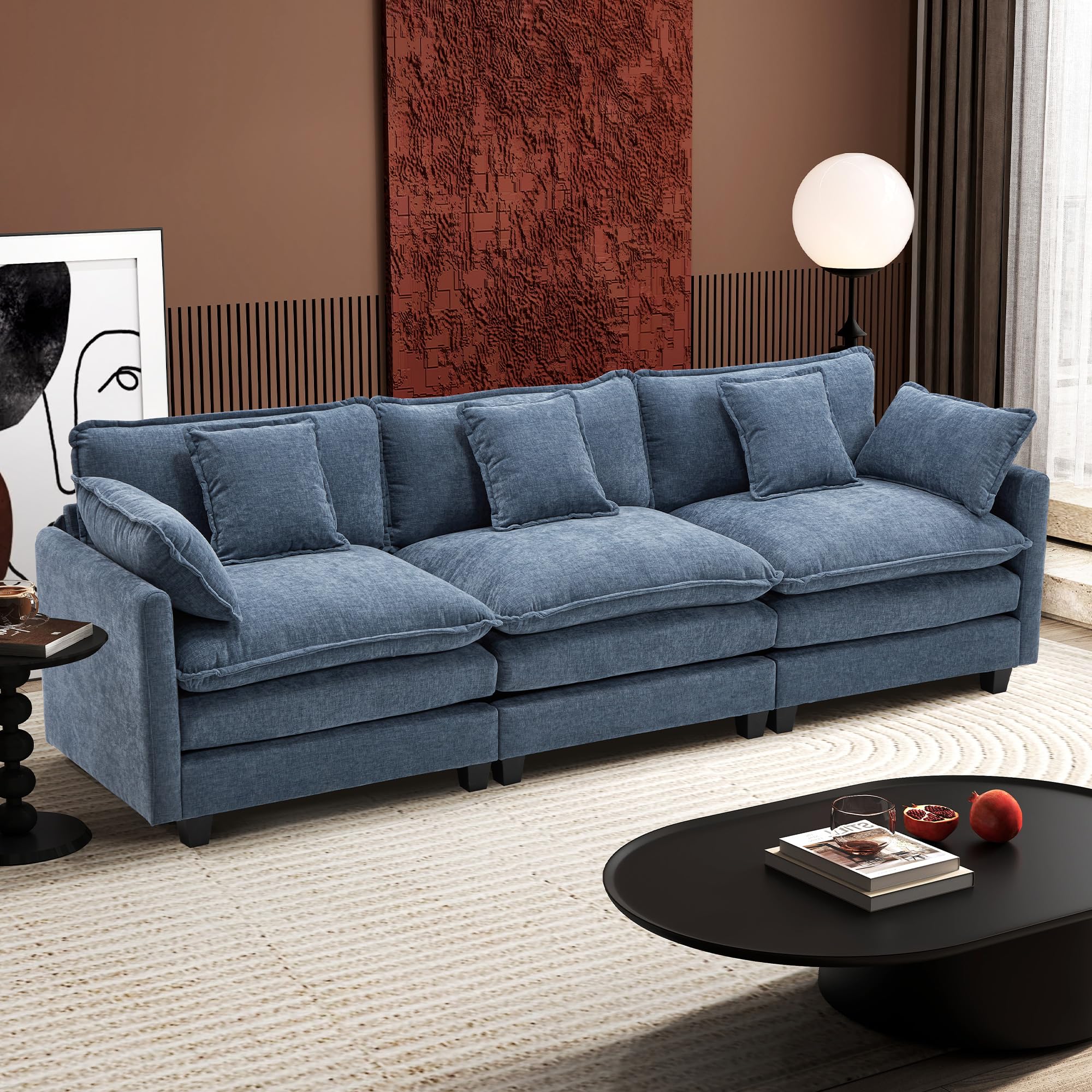 Ihanherry 111.4 Inch 3-Seater Cloud Sofa, Modular Sectional Couch, Modern Deep Seat Sofa for Living Room, Comfy Double Layer Upholstered Seat Cushion, Breathable Chenille Fabric, Blue (Armless seat only) 