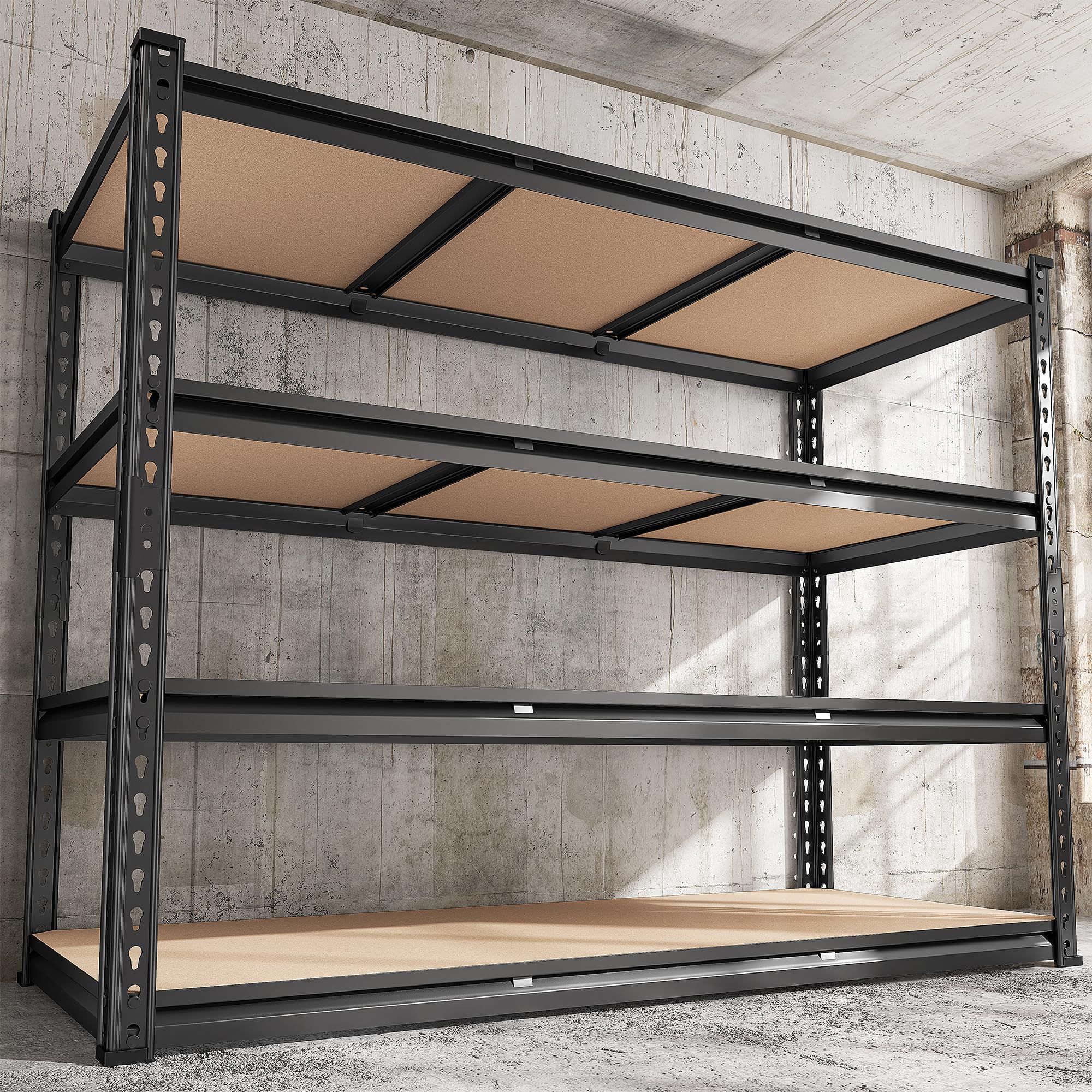 REIBII 48.2" W Garage Shelving, Storage Shelves Load 2600LBS, 4-Tier Adjustable Heavy Duty Metal Shelves for Warehouse, Pantry, Kitchen, 60.1" H X 48.2" W X 24" D, Black