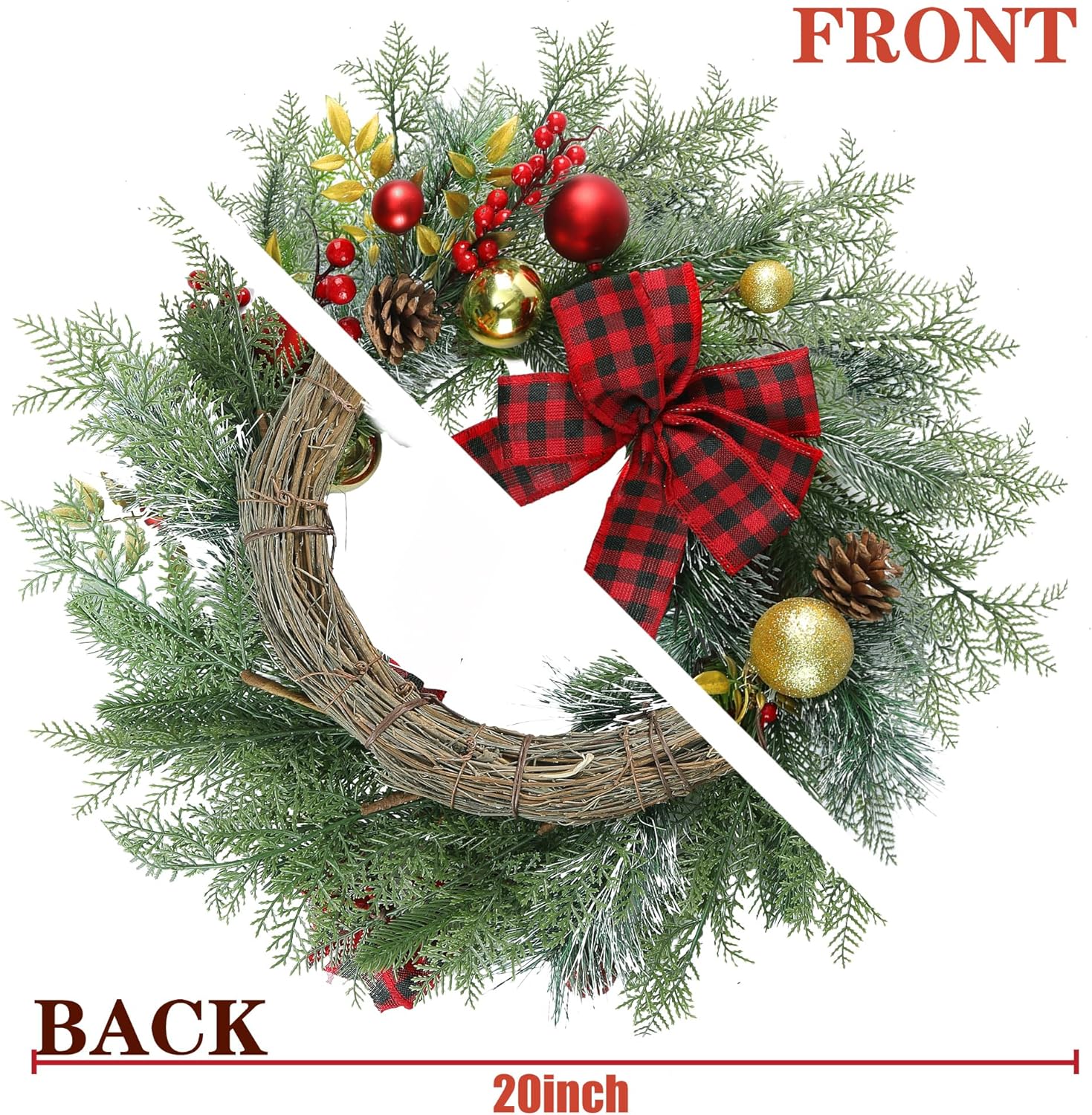 Sggvecsy 20 Inch Artificial Christmas Wreath for Front Door with Pine Needles Red Berries Pine Cones Buffalo Plaid Bow Christmas Ball Decorations for Winter Wall Outdoor Home Holiday Xmas Decor