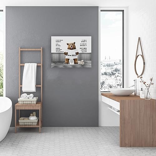Miniatura 7 de Arte de pared de oso para baño, imágenes divertidas de oso en el inodoro, para pared, reglas de baño, pintura en lienzo en blanco y negro,