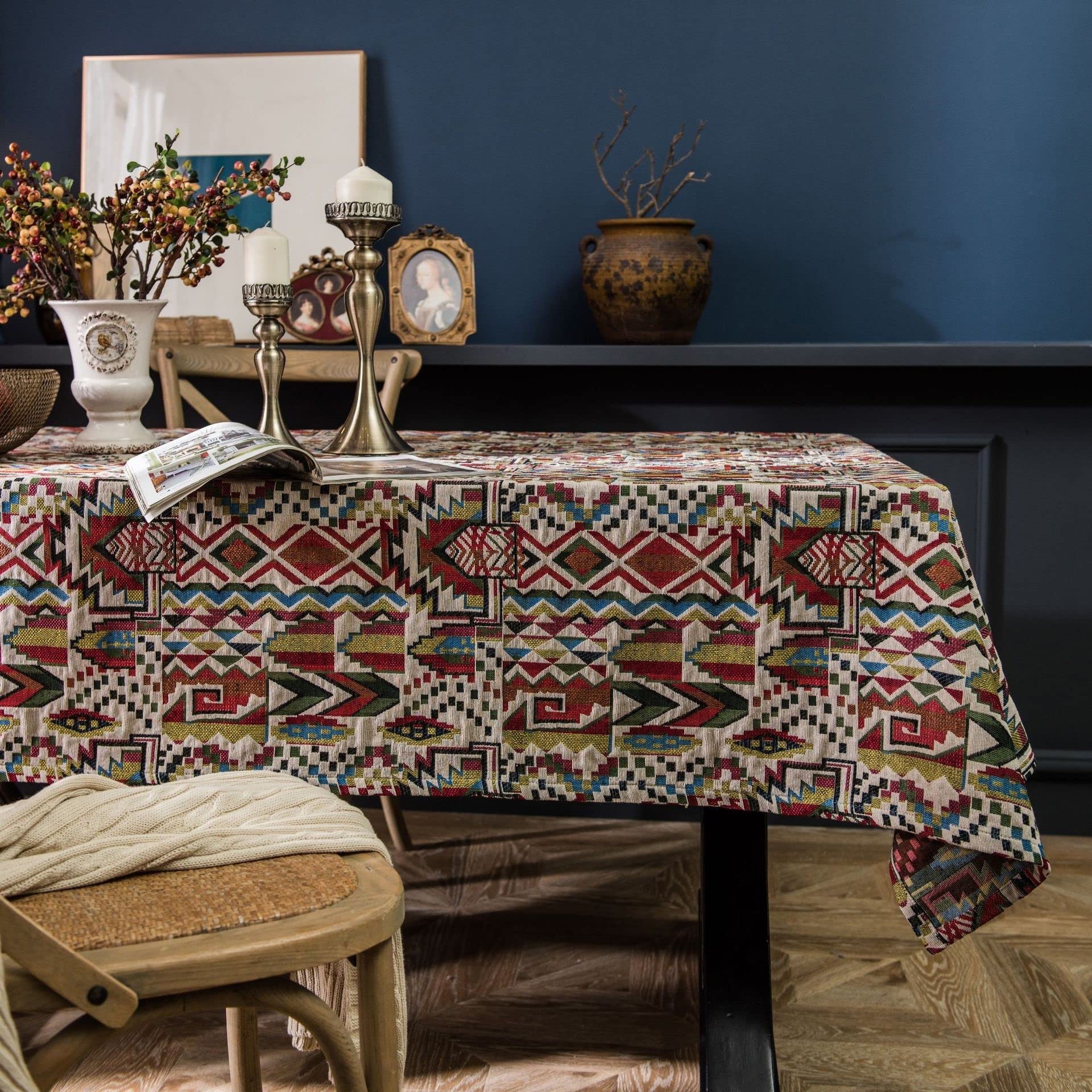Wytrzymały geometryczny obrus prostokątny design do wiejskiej kuchni stołu jadalnego lub salonu - 140 x 300 cm stylowy pokrowiec na stół do wyposażenia domu