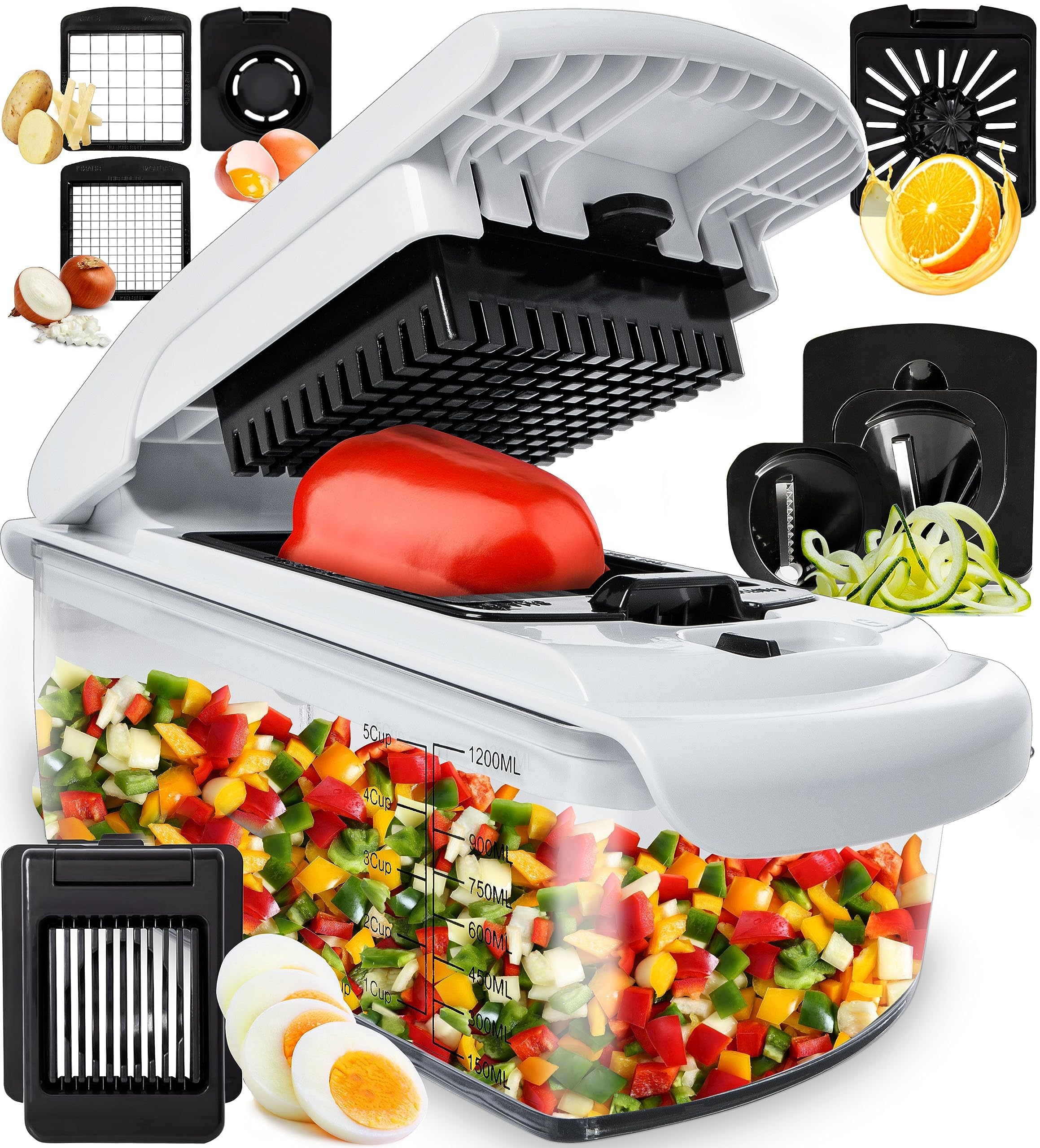 fullstar Vegetable Chopper - Spiralizer Vegetable Slicer - Onion Chopper with Container - Pro Food Chopper - Slicer Dicer Cutter - (8 in 1, White)
