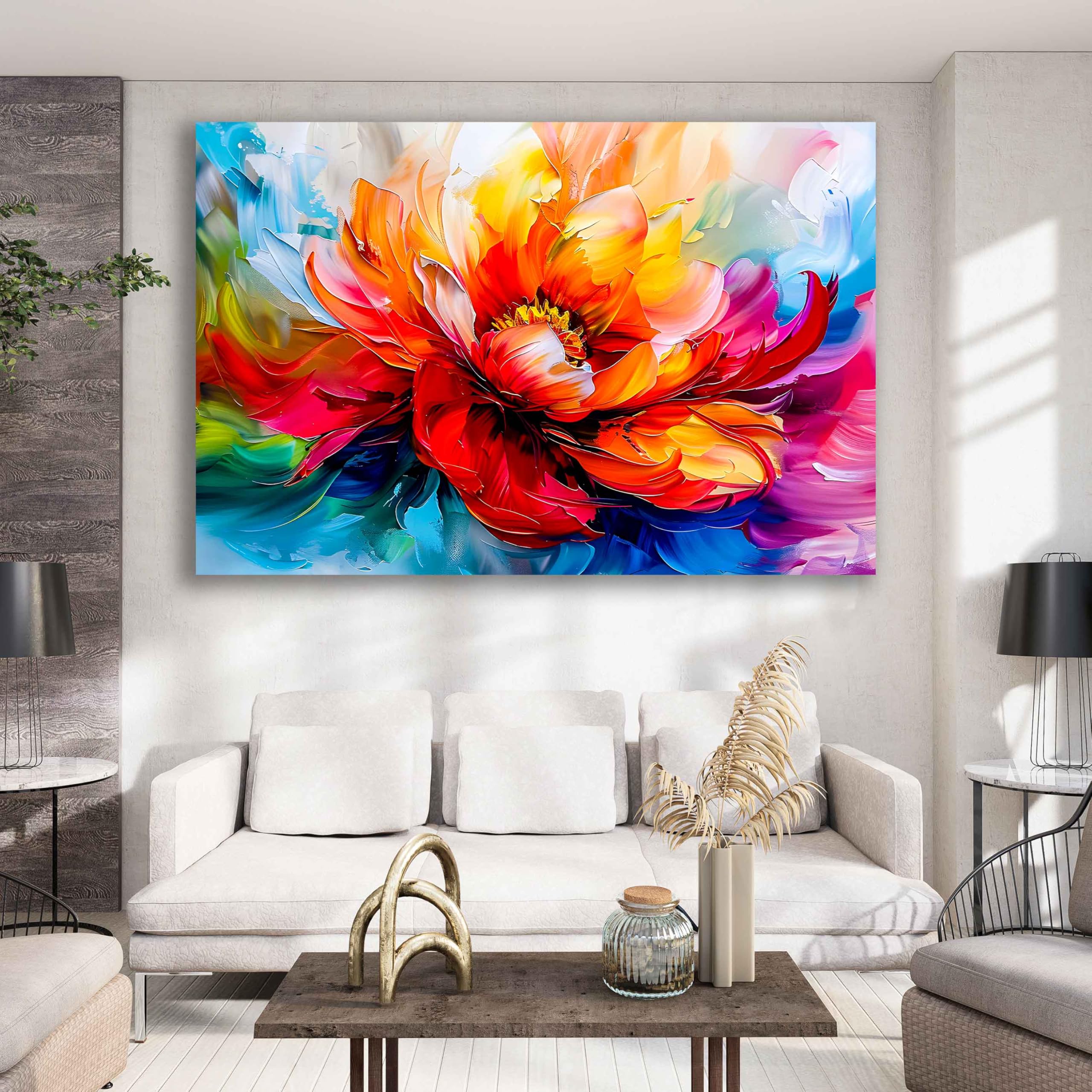 Kunstbruder 80x120 cm Abstrakt Blumen Entfaltung – Farbdynamik Rot Orange Pink, Abstract Bloom, Leinwandbild, Kunstdruck, Premium Wandkunst