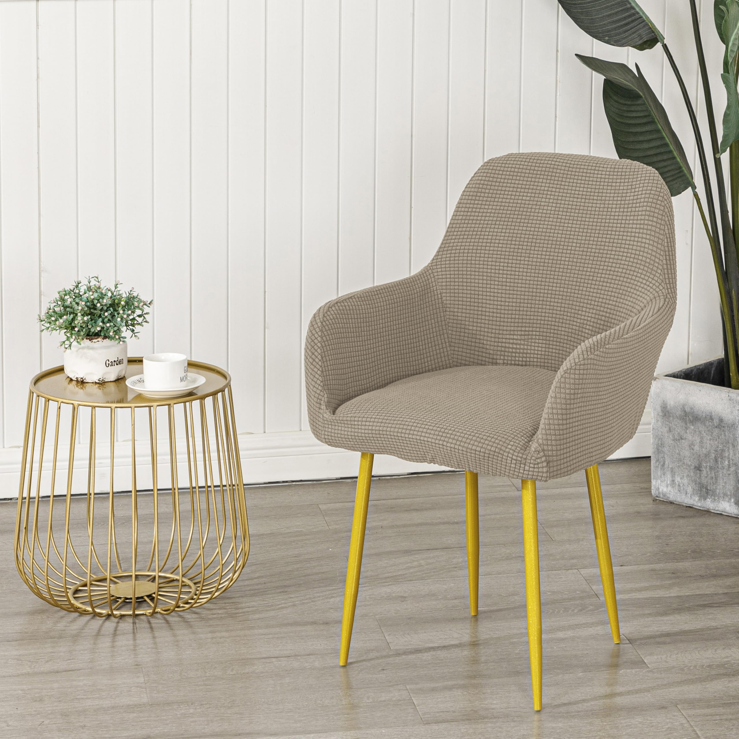 EBETA Funda para Silla de Comedor Extraíble, Jacquard Funda de sillón con Reposabrazos Silla Oficina Protector de Silla Desmontable y Lavable para Sillas Cocina (Arena, 4 Unidades)