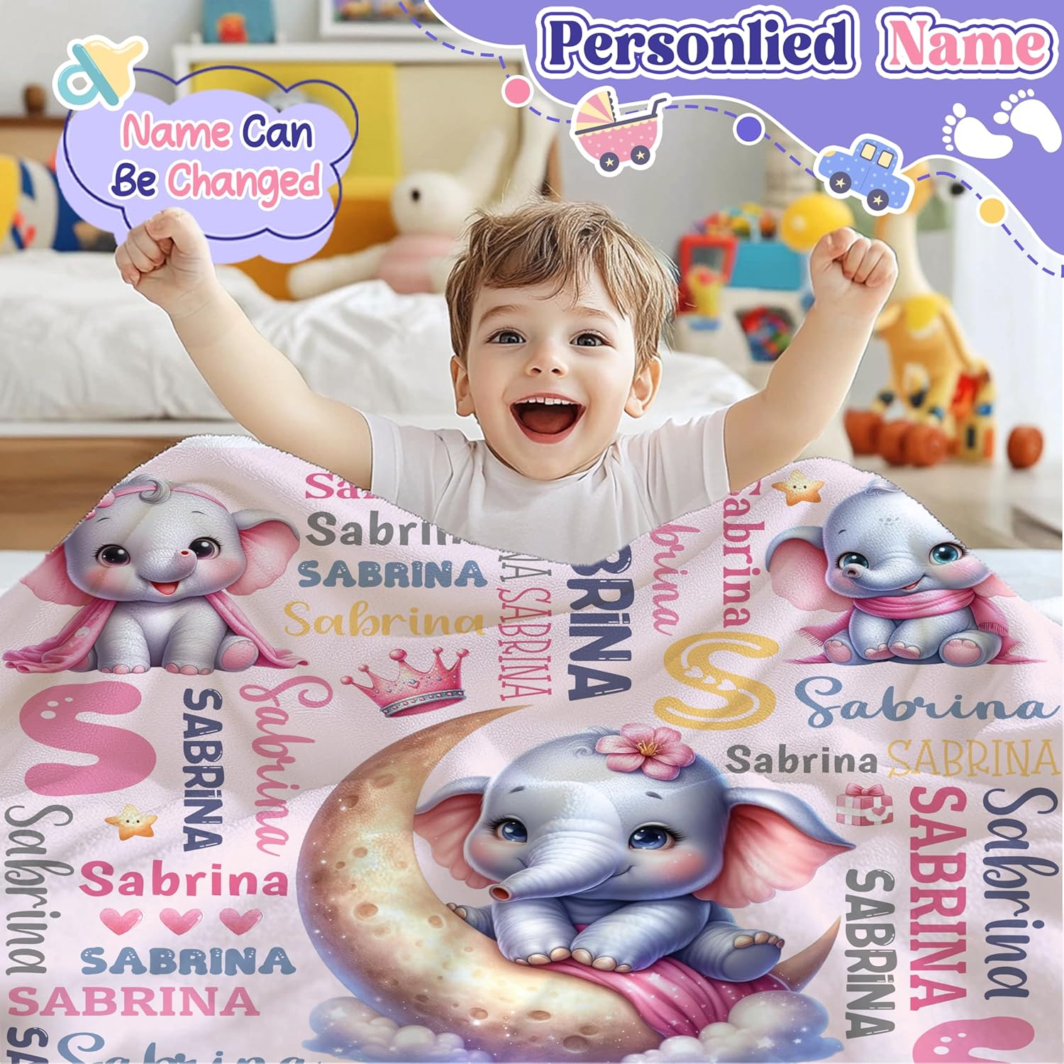 Personalized Pink Elephant Custom Baby Blanket with Name,Customized Elephant Throw Blanket,Soft Cozy Personalized Baby Gifts Throw for Girls Newborn Nursery Stroller Crib Decor Christmas Birthday Gift