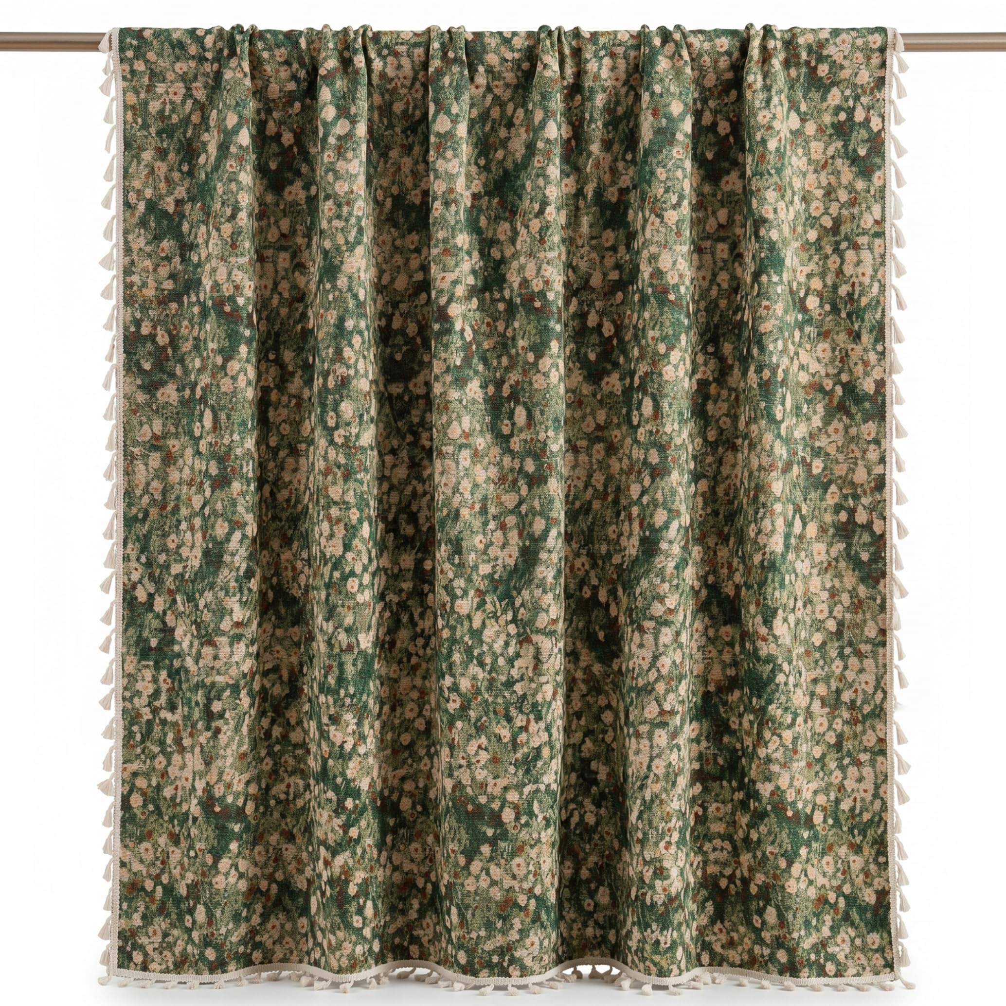 Tsawntd Tiers, Botanical Curtains, Boho Floral Jacquard Curtains With Tassels, Semi-blackout Vintage Window Drapes, Green, 59x63 Inch