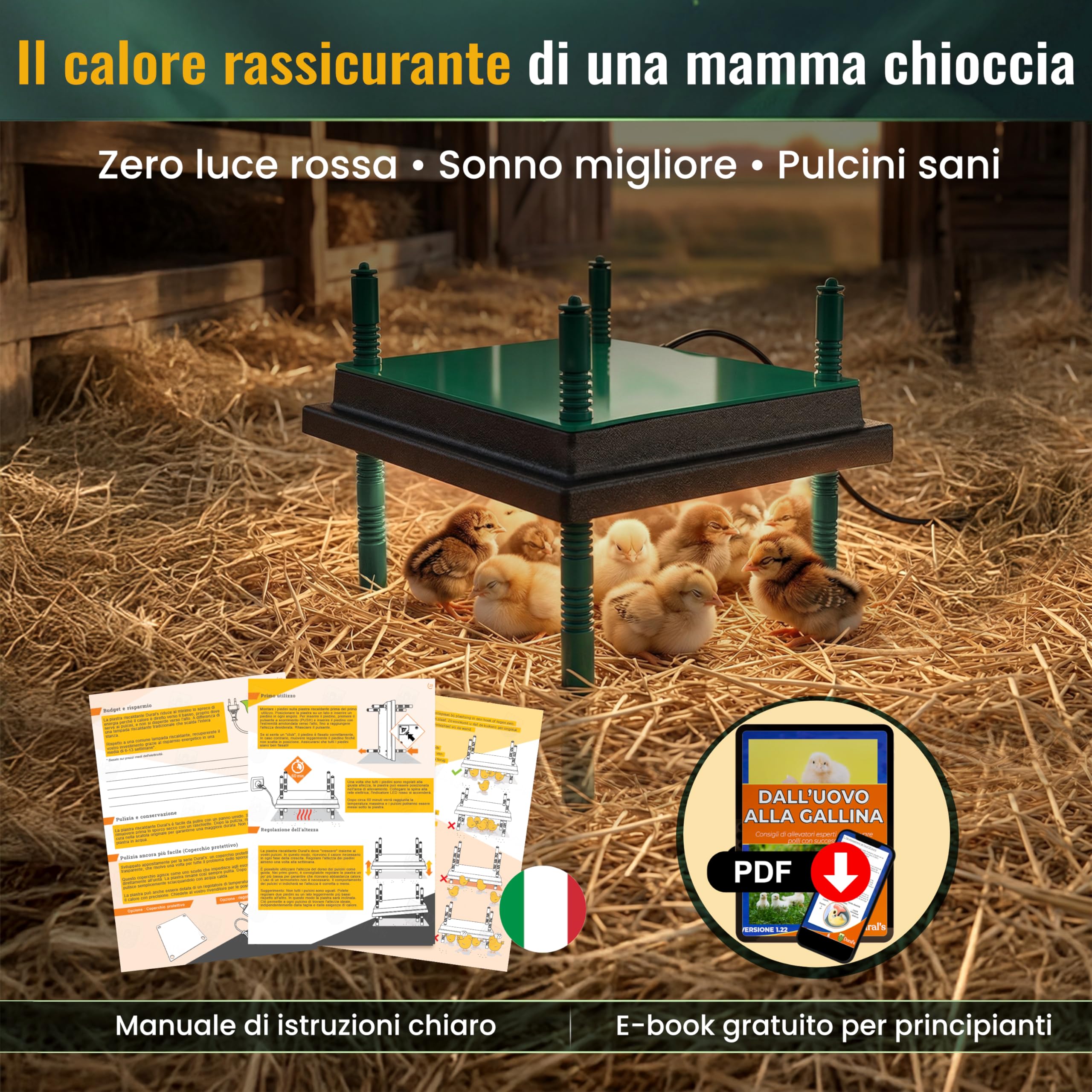 Dural’s® Piastra Riscaldante Pulcini (-80% di Energia) con Copertura - Pannello Allevamento 30W (25-30 Pulcini) - Calore Dolce Anti-Stress (Quadrato: 35x35 cm (capacità 25-30 pulcini))